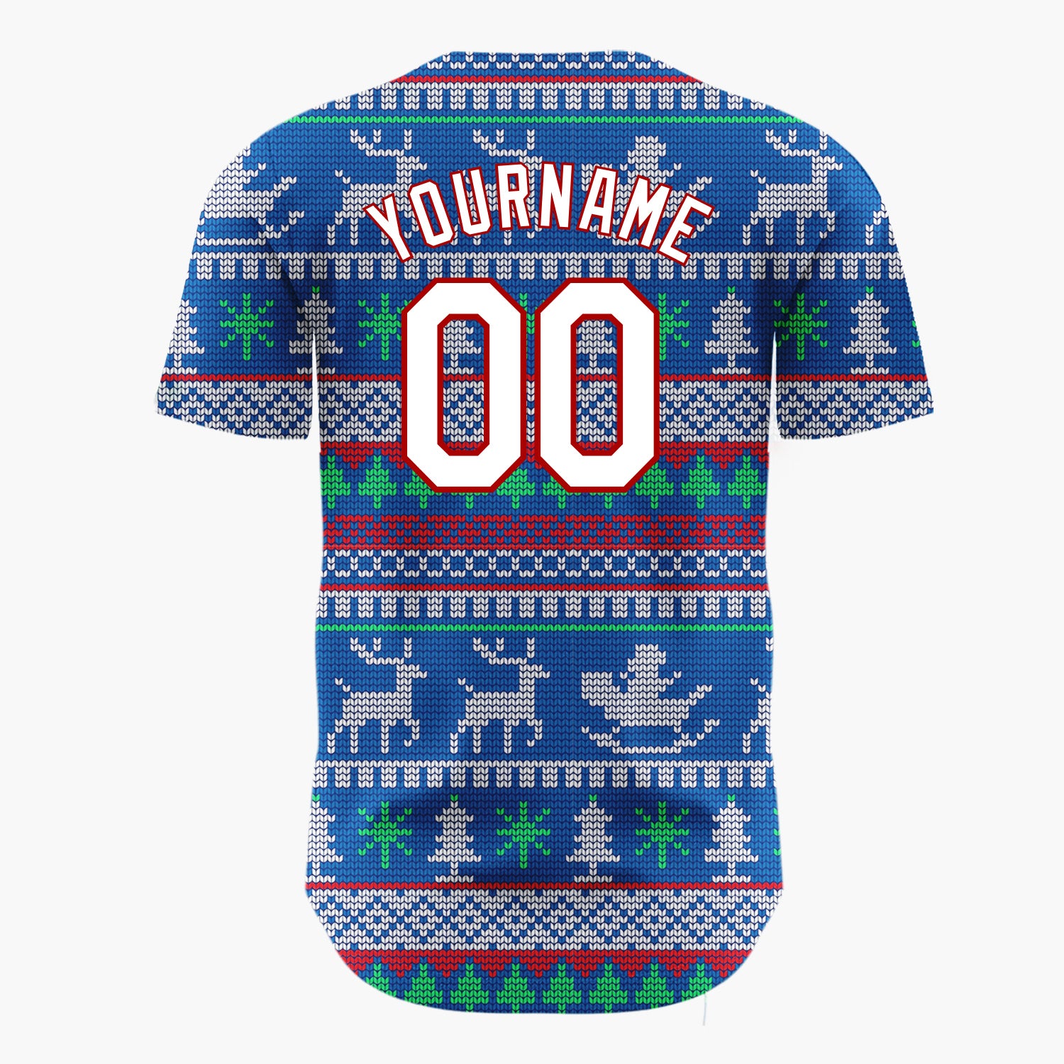 Custom Blue Green Reindeers Trees And Sleighs Knit Christmas Baseball Jersey
