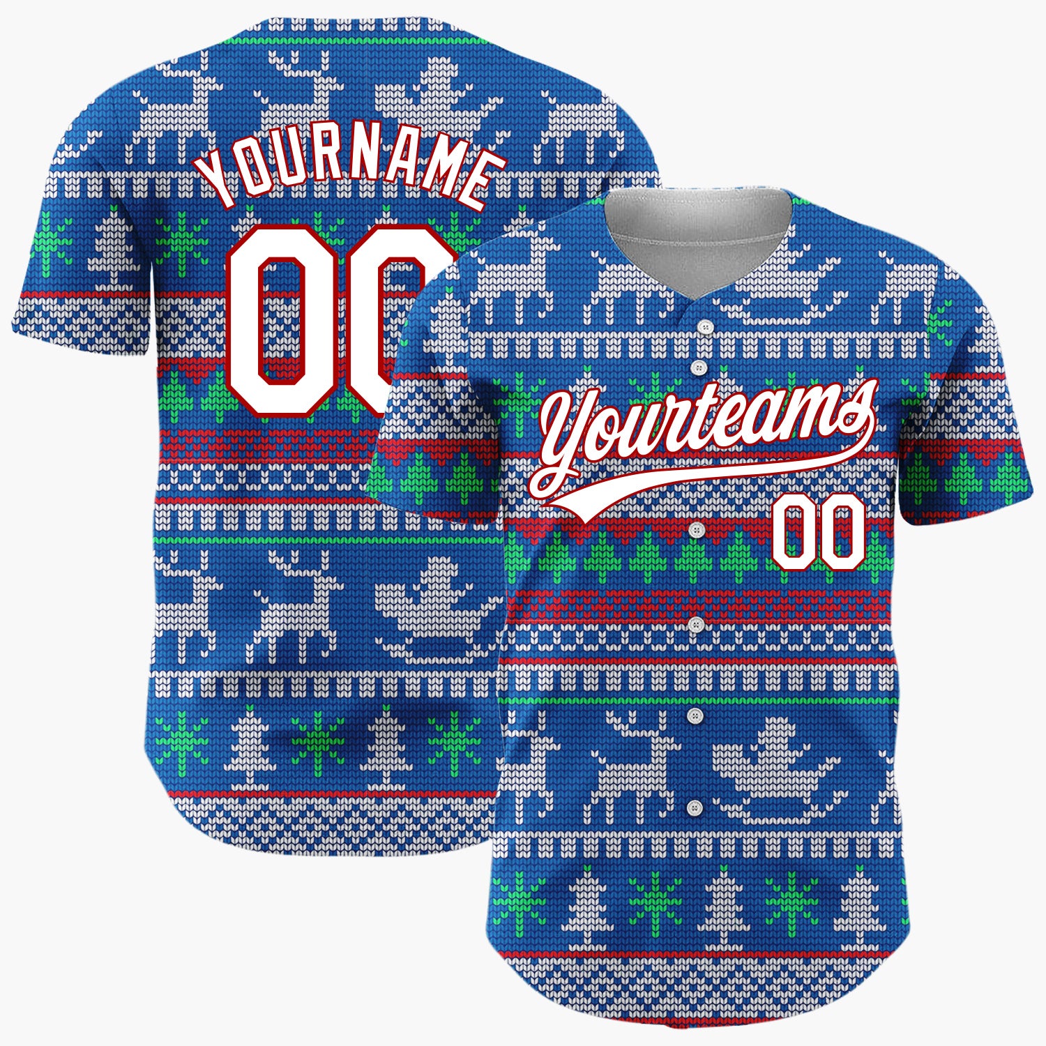 Custom Blue Green Reindeers Trees And Sleighs Knit Christmas Baseball Jersey