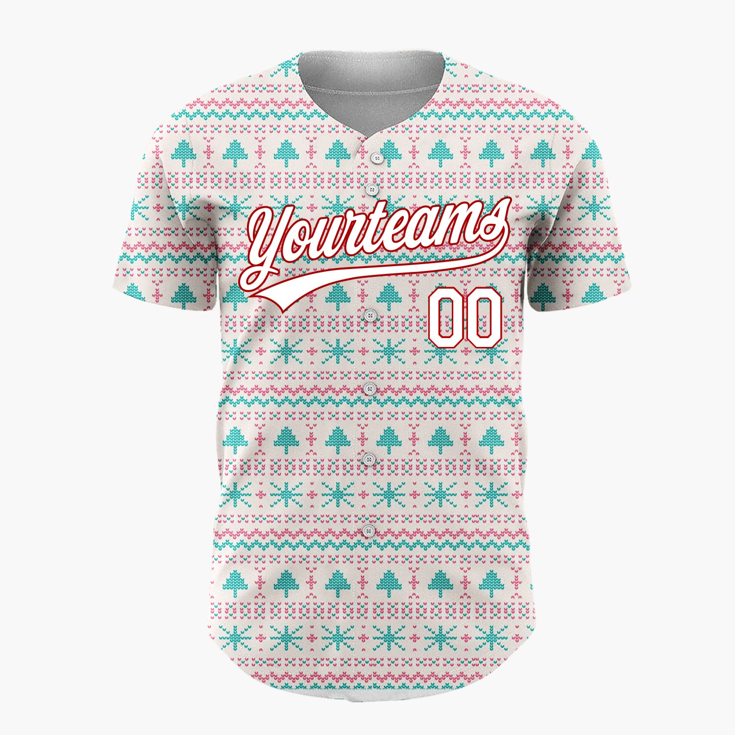 Custom Cream Blue Snowflakes And Christmas Trees Nordic Fair Isle Pattern Christmas Baseball Jersey
