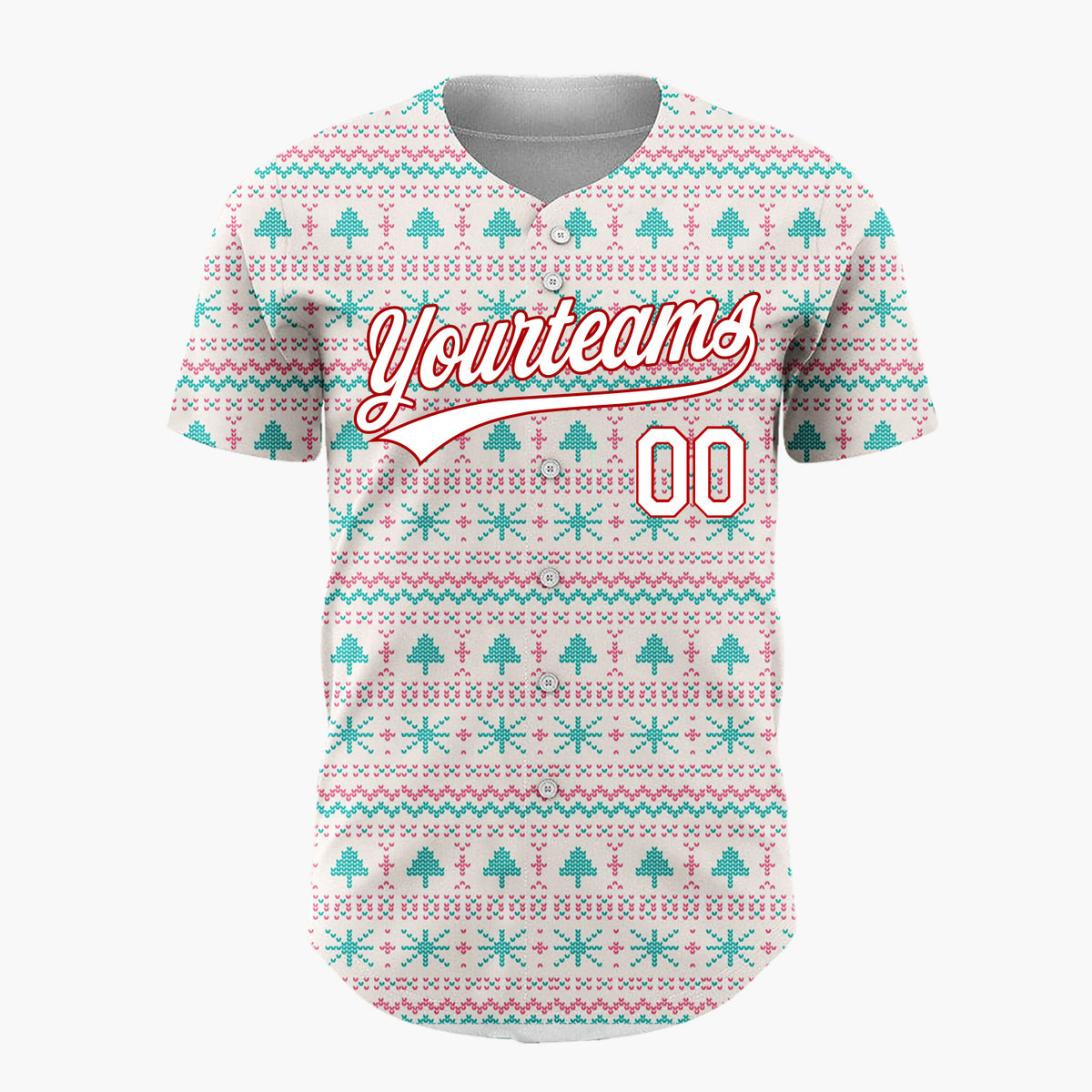 Custom Cream Blue Snowflakes And Christmas Trees Nordic Fair Isle Pattern Christmas Baseball Jersey