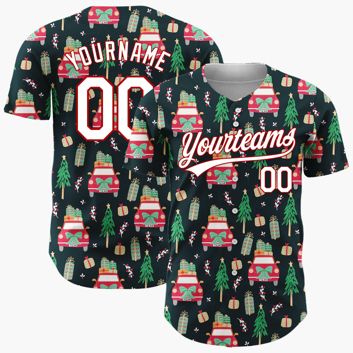 Custom Black Red Cars Gifts And Trees Cozy Christmas Road Trip Pattern Christmas Baseball Jersey
