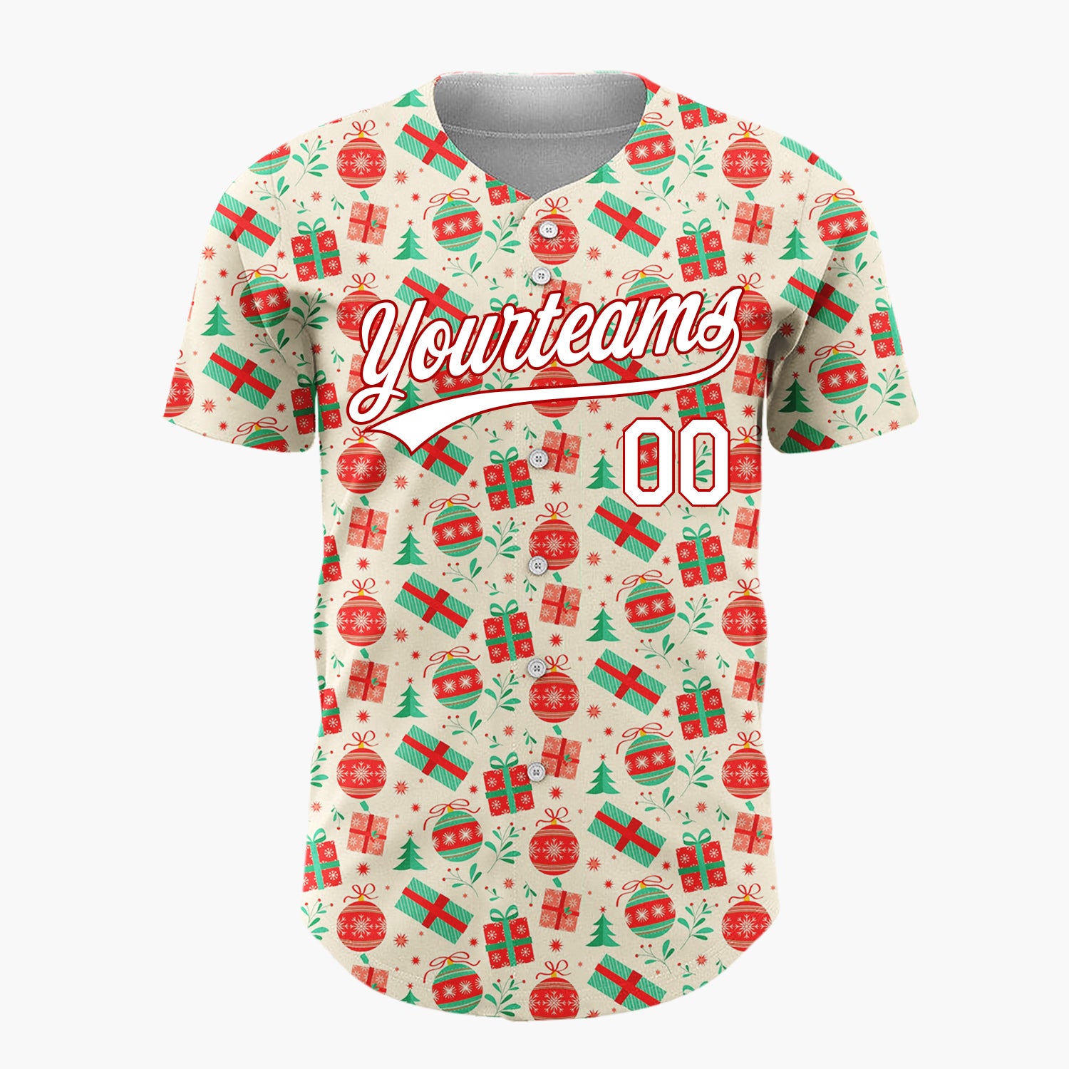 Custom Cream Red Green Gifts And Ornaments Traditional Holiday Pattern Christmas Baseball Jersey