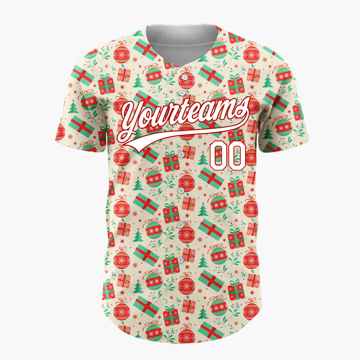 Custom Cream Red Green Gifts And Ornaments Traditional Holiday Pattern Christmas Baseball Jersey