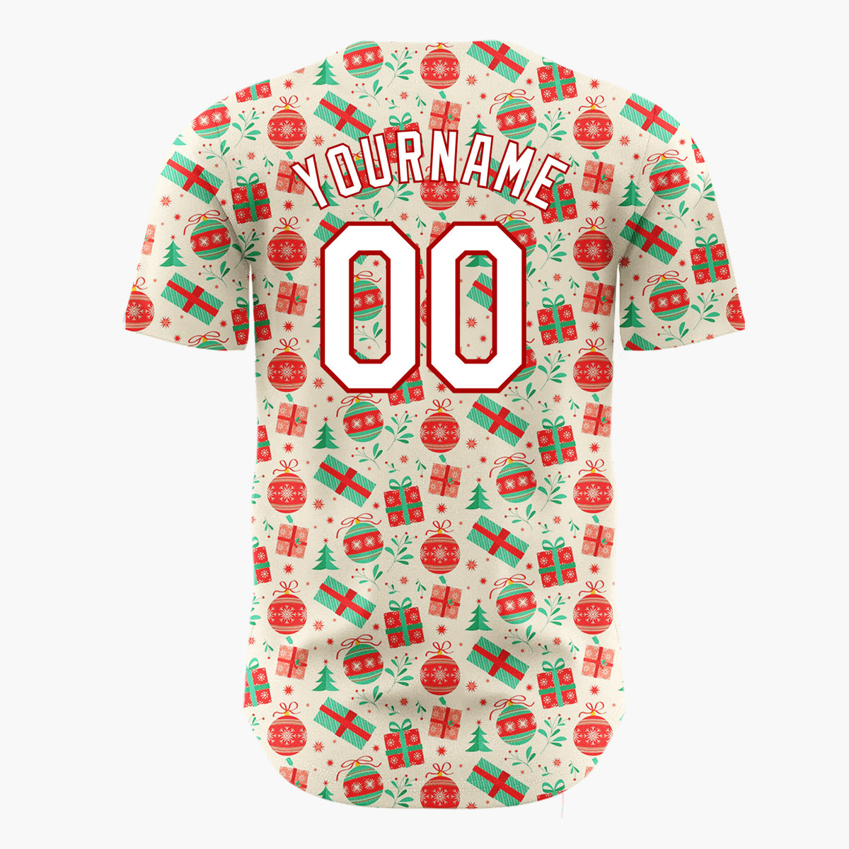 Custom Cream Red Green Gifts And Ornaments Traditional Holiday Pattern Christmas Baseball Jersey