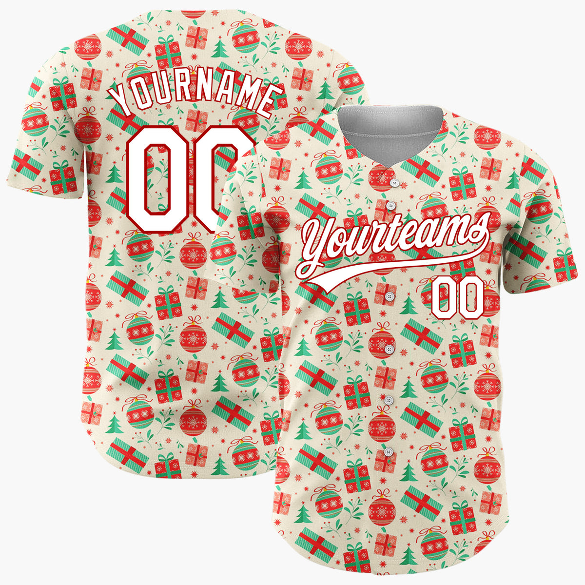 Custom Cream Red Green Gifts And Ornaments Traditional Holiday Pattern Christmas Baseball Jersey