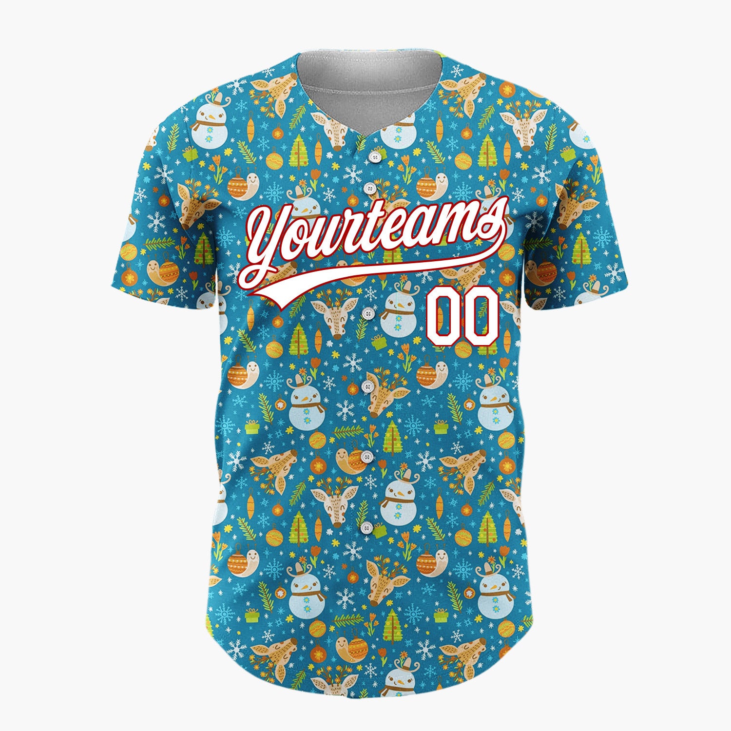 Custom Blue Orange Snowmen Reindeers And Ornaments Whimsical Winter Pattern Christmas Baseball Jersey
