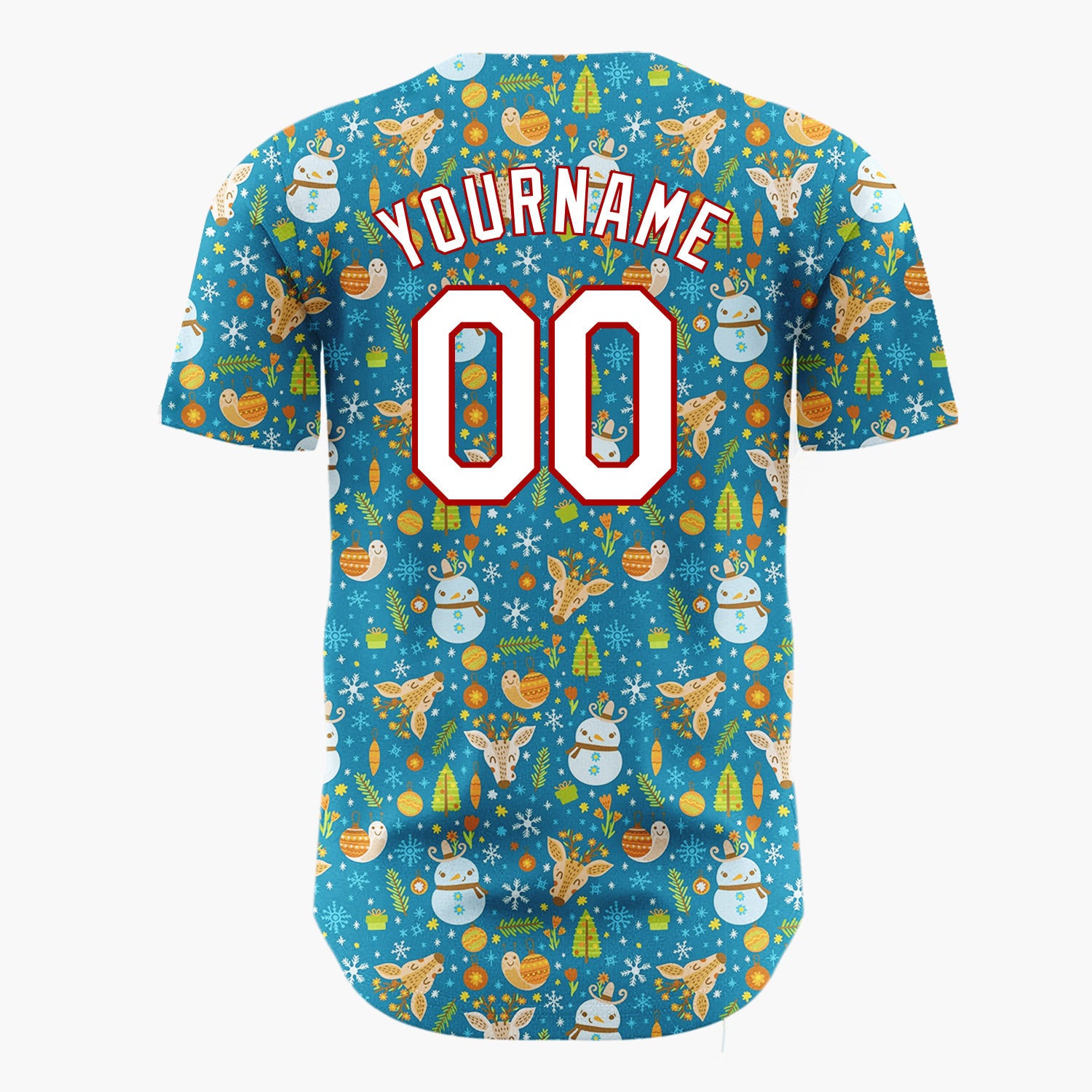 Custom Blue Orange Snowmen Reindeers And Ornaments Whimsical Winter Pattern Christmas Baseball Jersey
