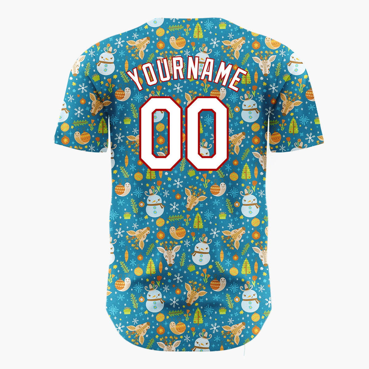 Custom Blue Orange Snowmen Reindeers And Ornaments Whimsical Winter Pattern Christmas Baseball Jersey
