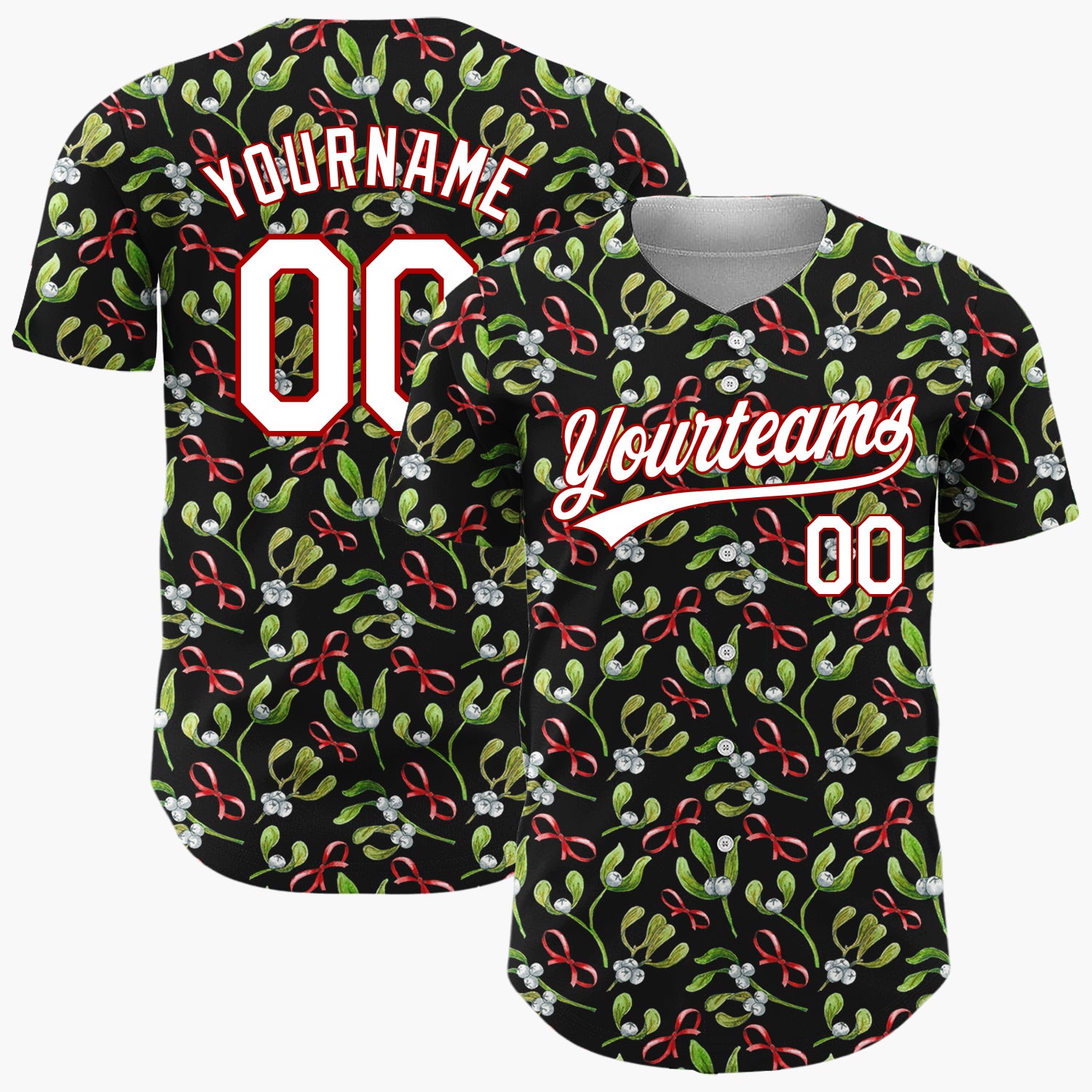 Custom Black Mistletoe Bows Watercolor Christmas Baseball Jersey
