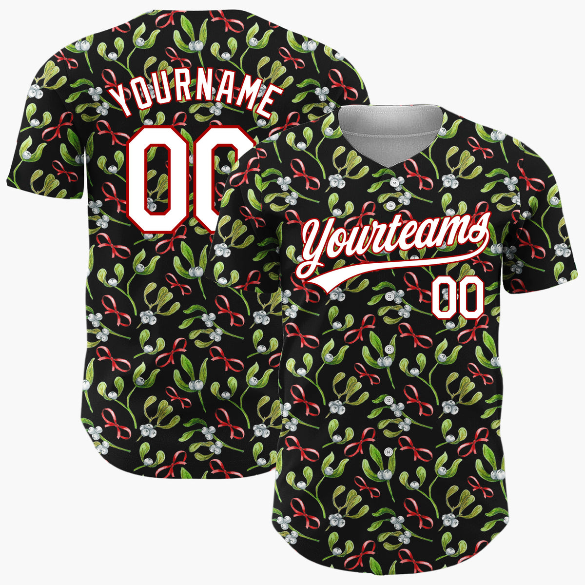 Custom Black Mistletoe Bows Watercolor Christmas Baseball Jersey
