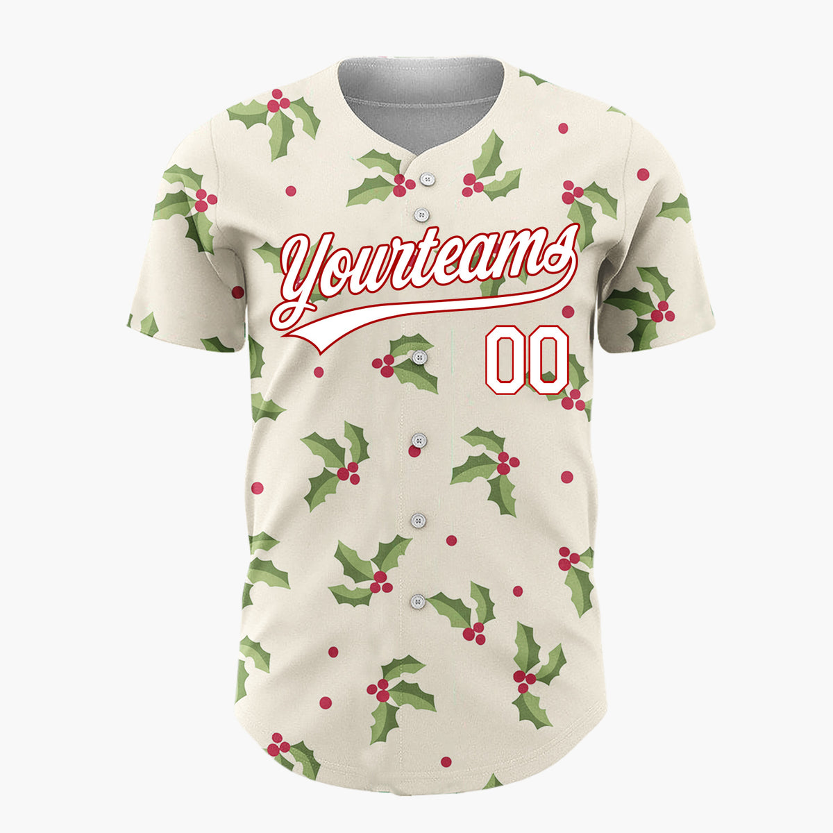 Custom Cream Holly Leaves And Berries Simple Festive Pattern Christmas Baseball Jersey