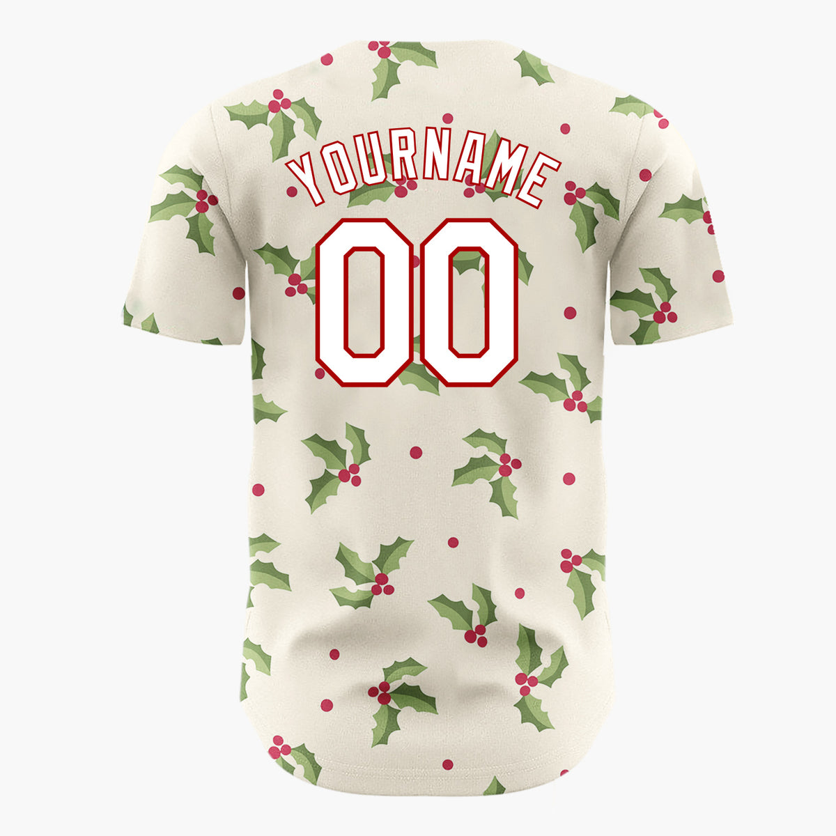 Custom Cream Holly Leaves And Berries Simple Festive Pattern Christmas Baseball Jersey