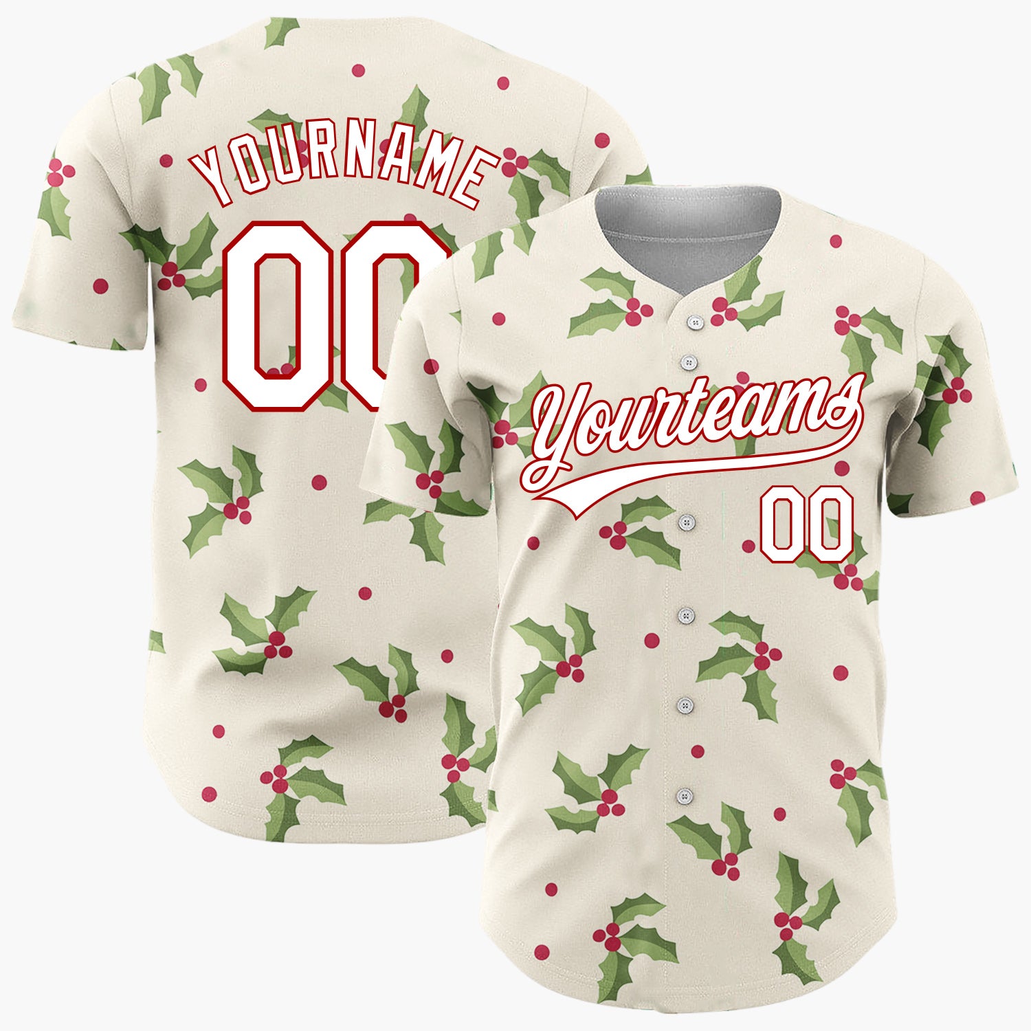 Custom Cream Holly Leaves And Berries Simple Festive Pattern Christmas Baseball Jersey