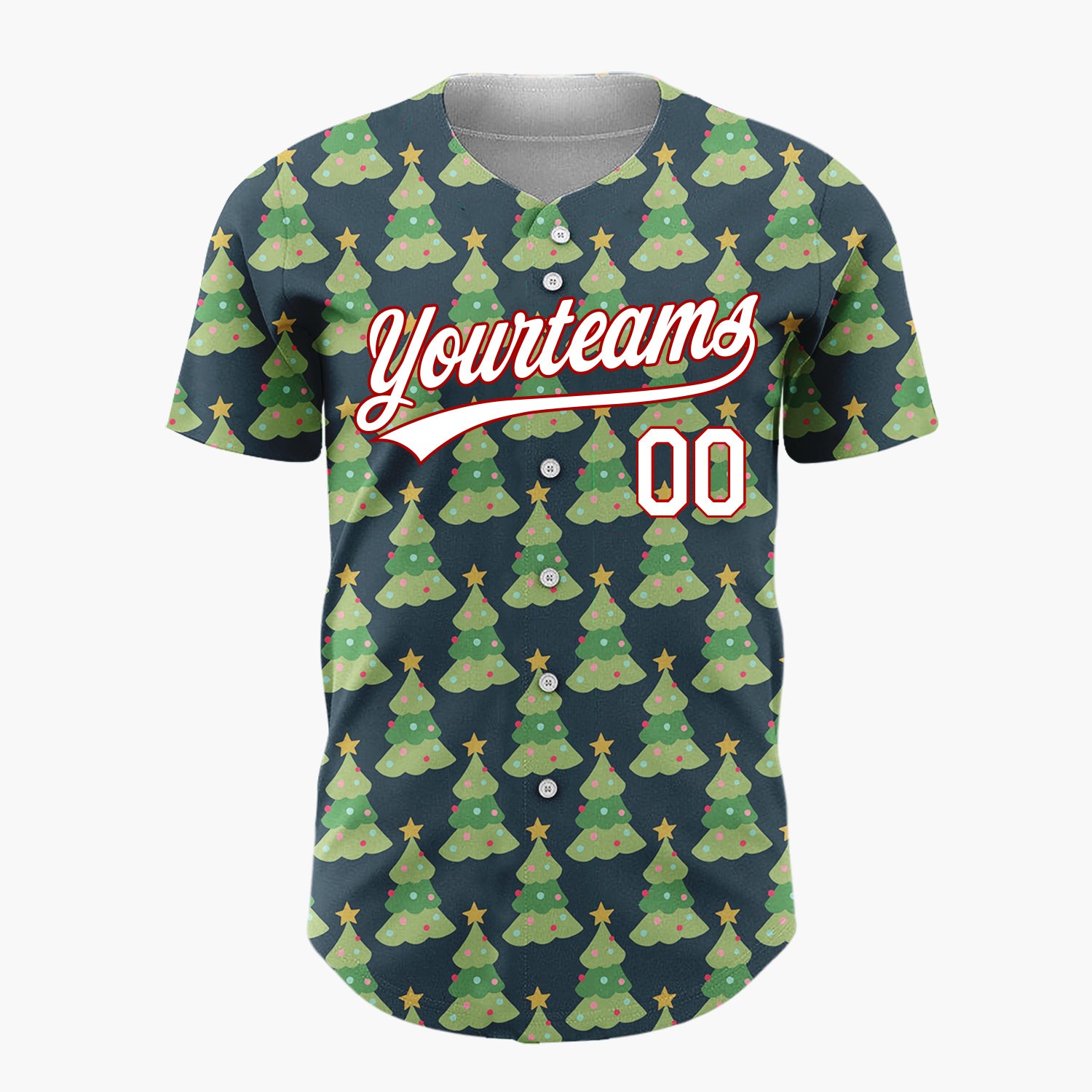 Custom Dark Blue Decorated Christmas Trees Repeat Pattern Christmas Baseball Jersey