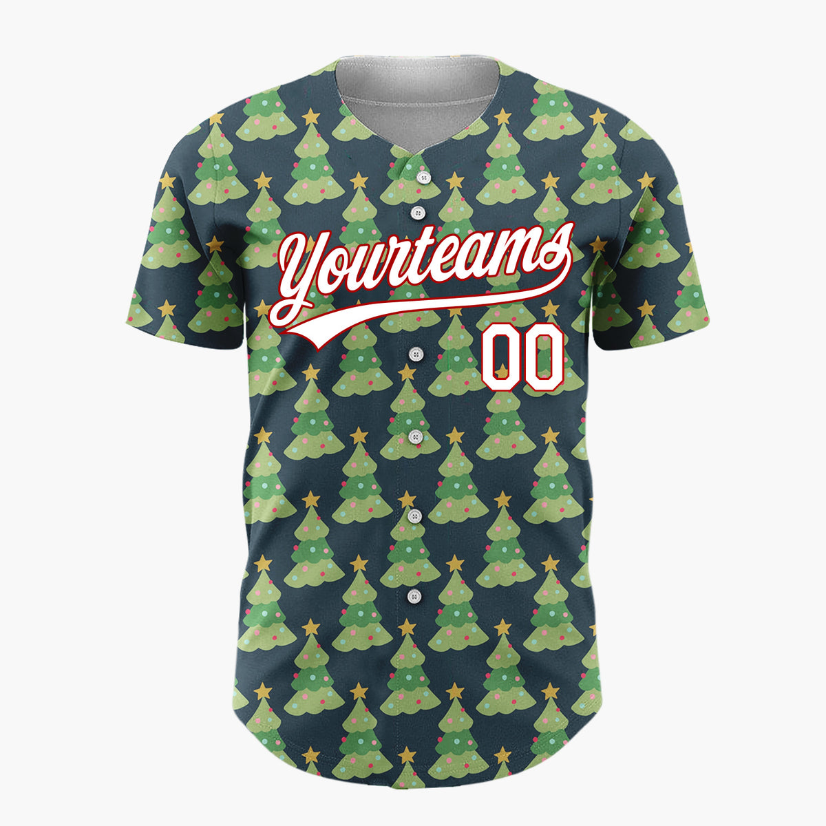 Custom Dark Blue Decorated Christmas Trees Repeat Pattern Christmas Baseball Jersey
