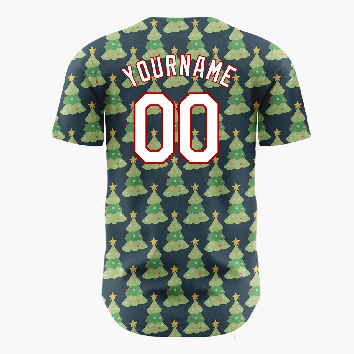 Custom Dark Blue Decorated Christmas Trees Repeat Pattern Christmas Baseball Jersey
