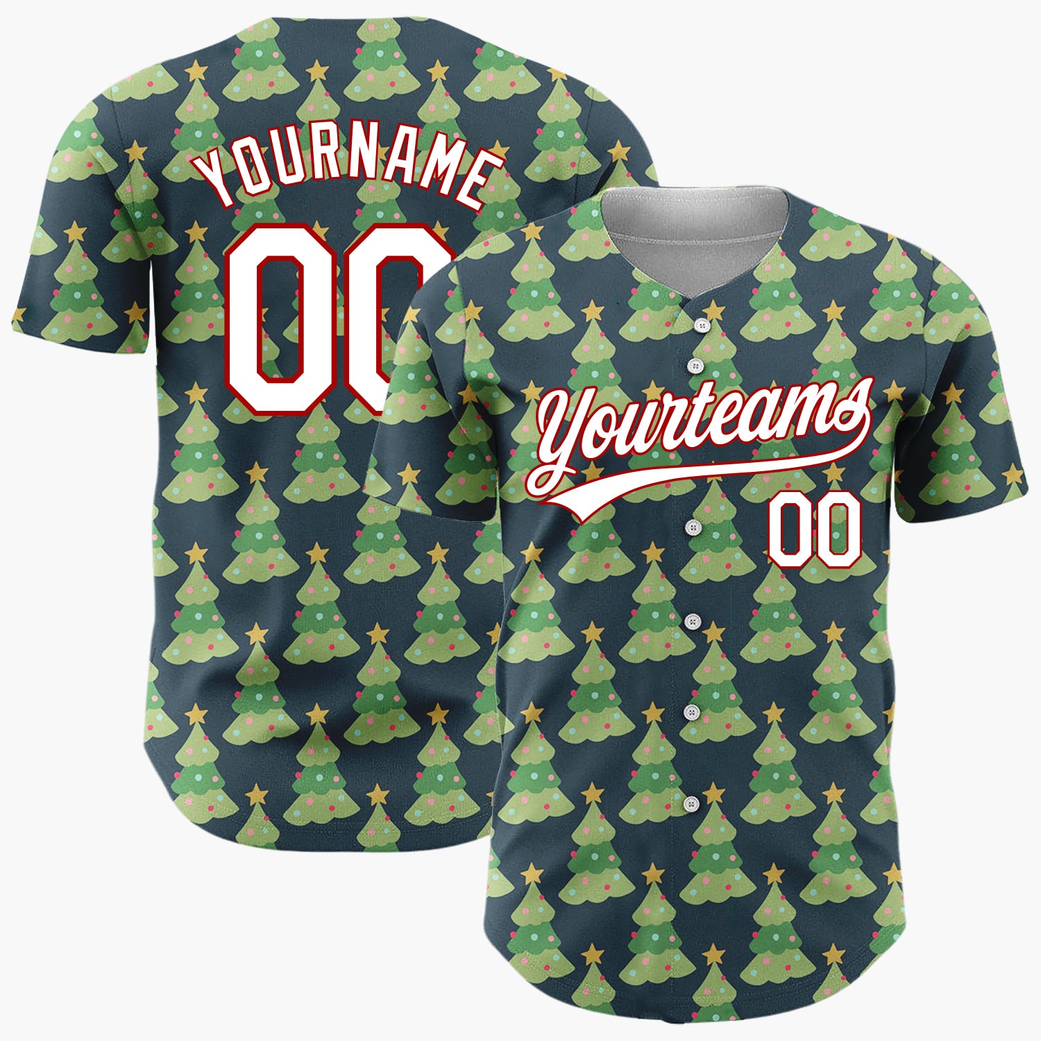Custom Dark Blue Decorated Christmas Trees Repeat Pattern Christmas Baseball Jersey