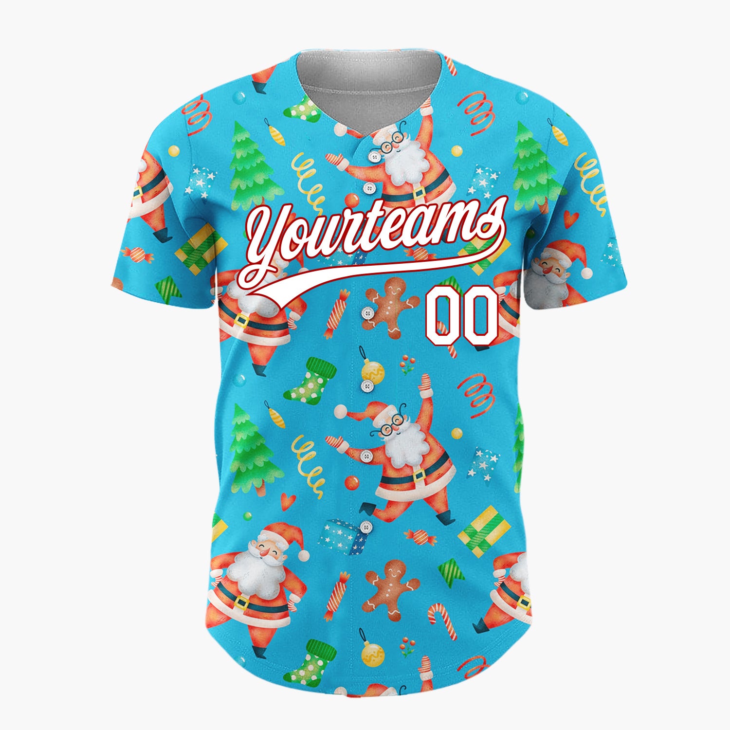 Custom Blue Santa Gingerbread Tree Watercolor Cartoon Pattern Christmas Baseball Jersey