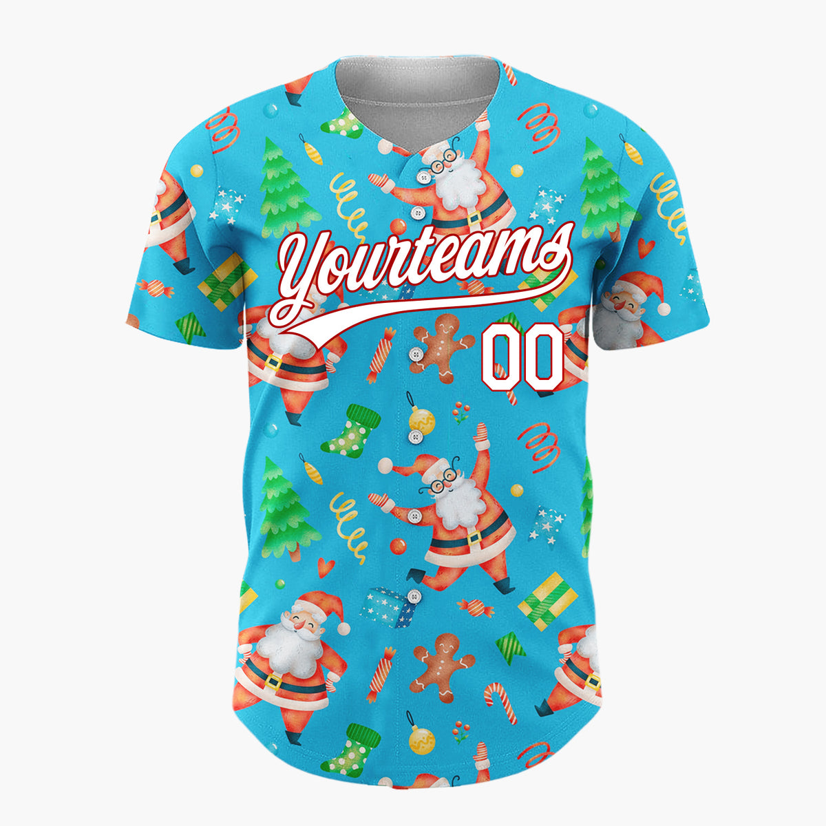 Custom Blue Santa Gingerbread Tree Watercolor Cartoon Pattern Christmas Baseball Jersey