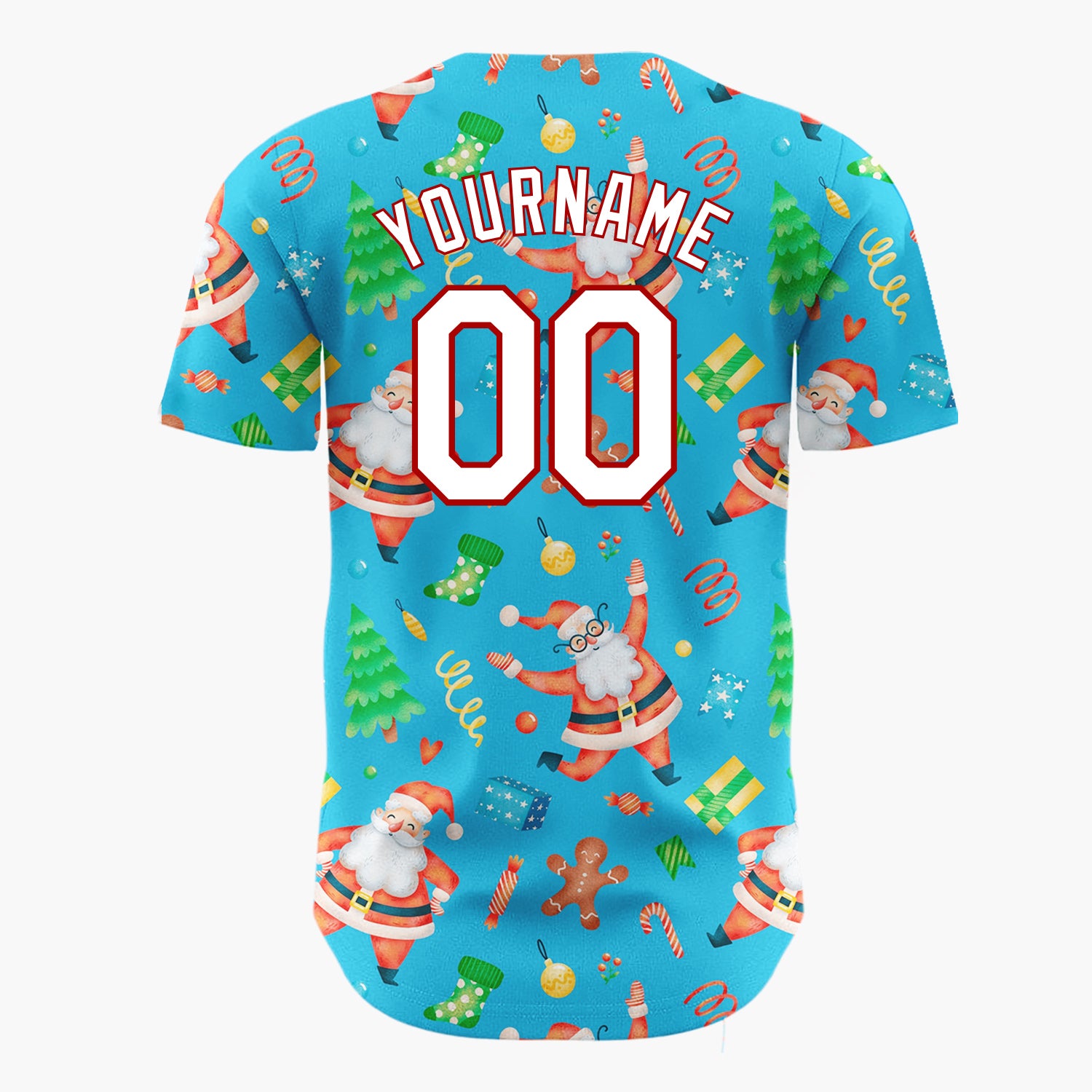 Custom Blue Santa Gingerbread Tree Watercolor Cartoon Pattern Christmas Baseball Jersey