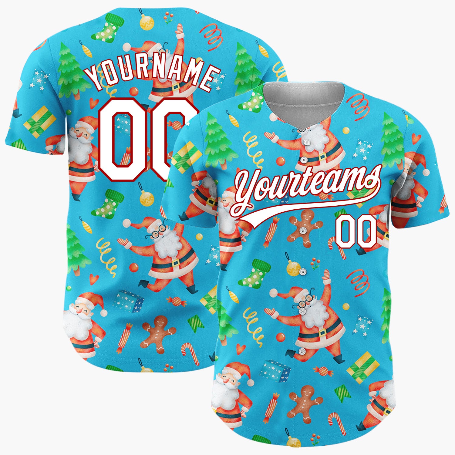 Custom Blue Santa Gingerbread Tree Watercolor Cartoon Pattern Christmas Baseball Jersey