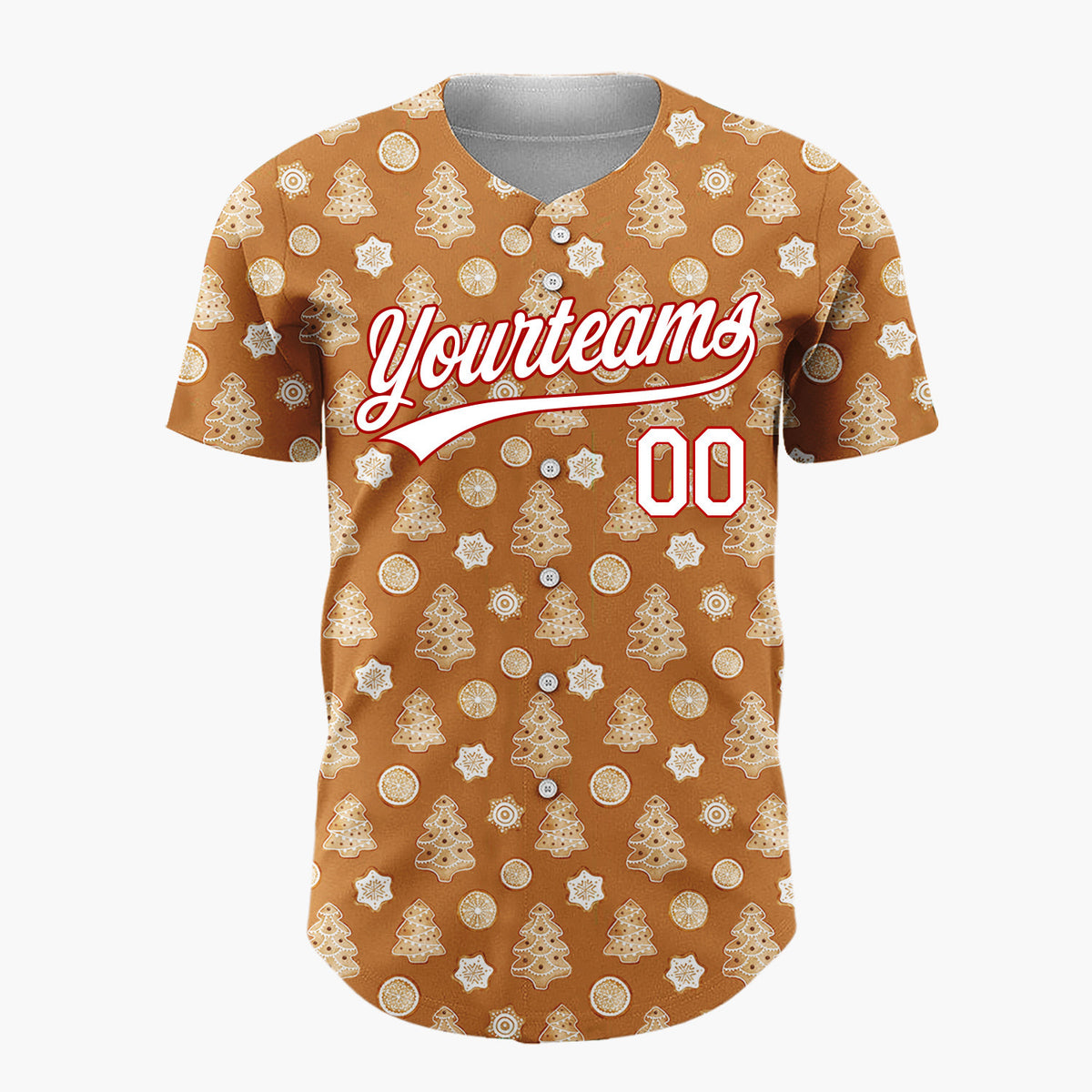 Custom Brown Gingerbread Trees And Oranges Baked Goods Pattern Christmas Baseball Jersey