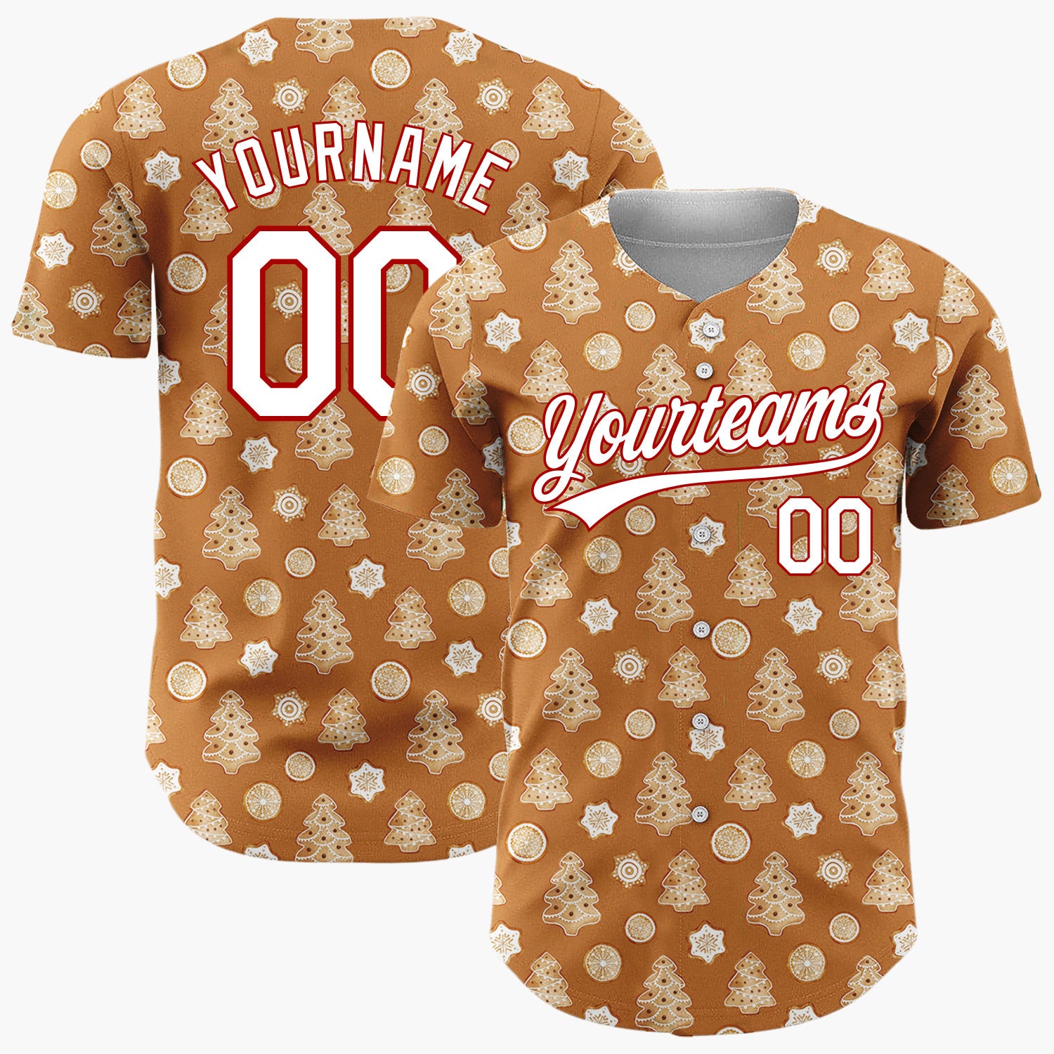 Custom Brown Gingerbread Trees And Oranges Baked Goods Pattern Christmas Baseball Jersey