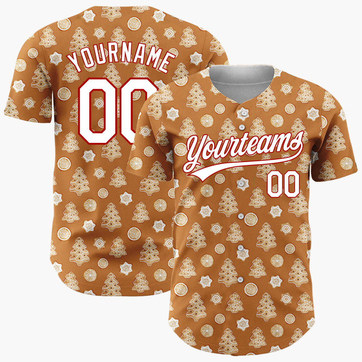 Custom Brown Gingerbread Trees And Oranges Baked Goods Pattern Christmas Baseball Jersey