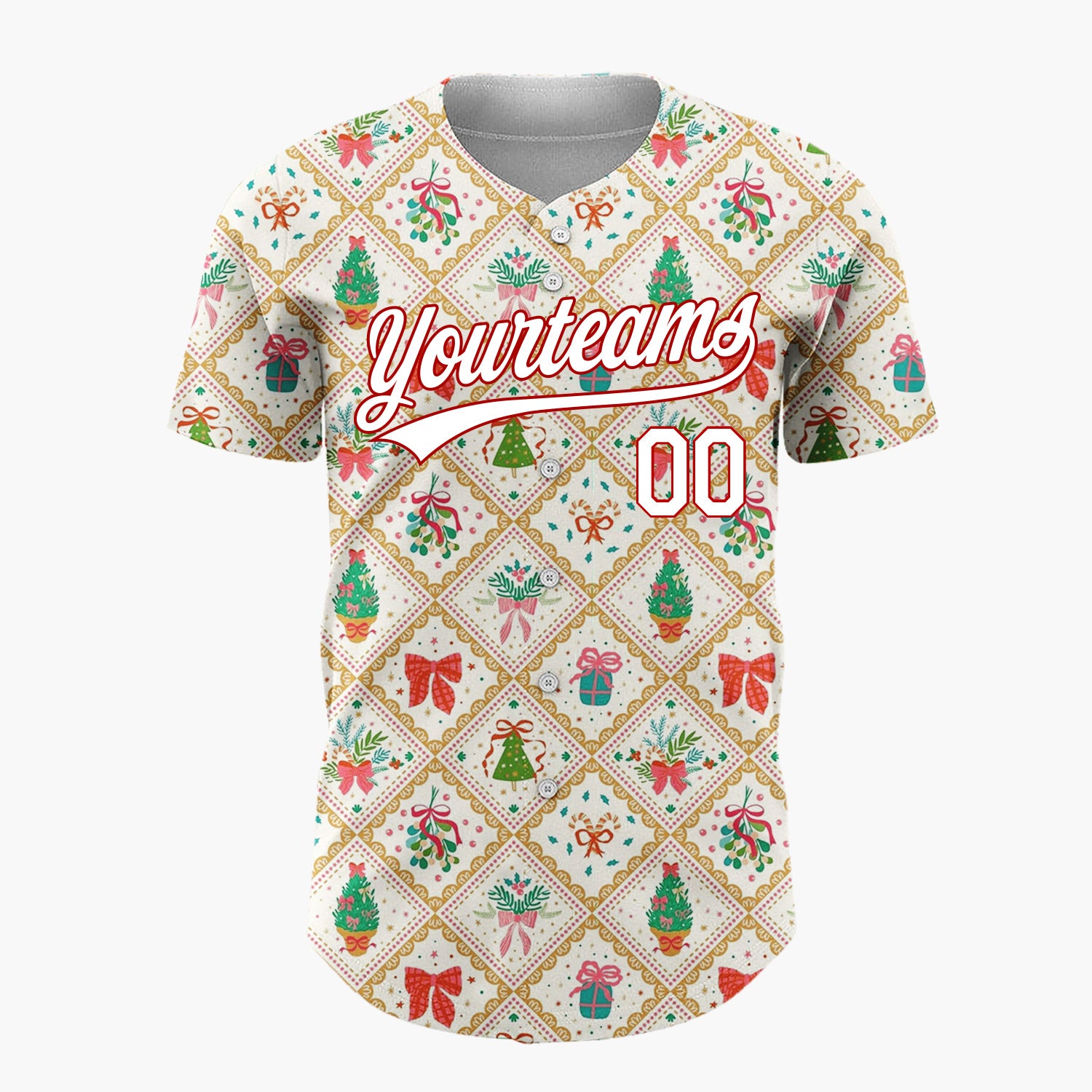 Custom Cream Diamond Lattice Holiday Bouquets Trees Vintage Christmas Baseball Jersey