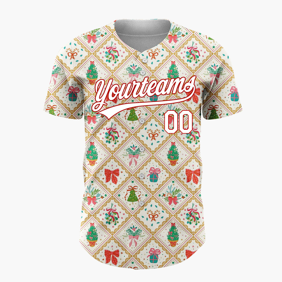 Custom Cream Diamond Lattice Holiday Bouquets Trees Vintage Christmas Baseball Jersey