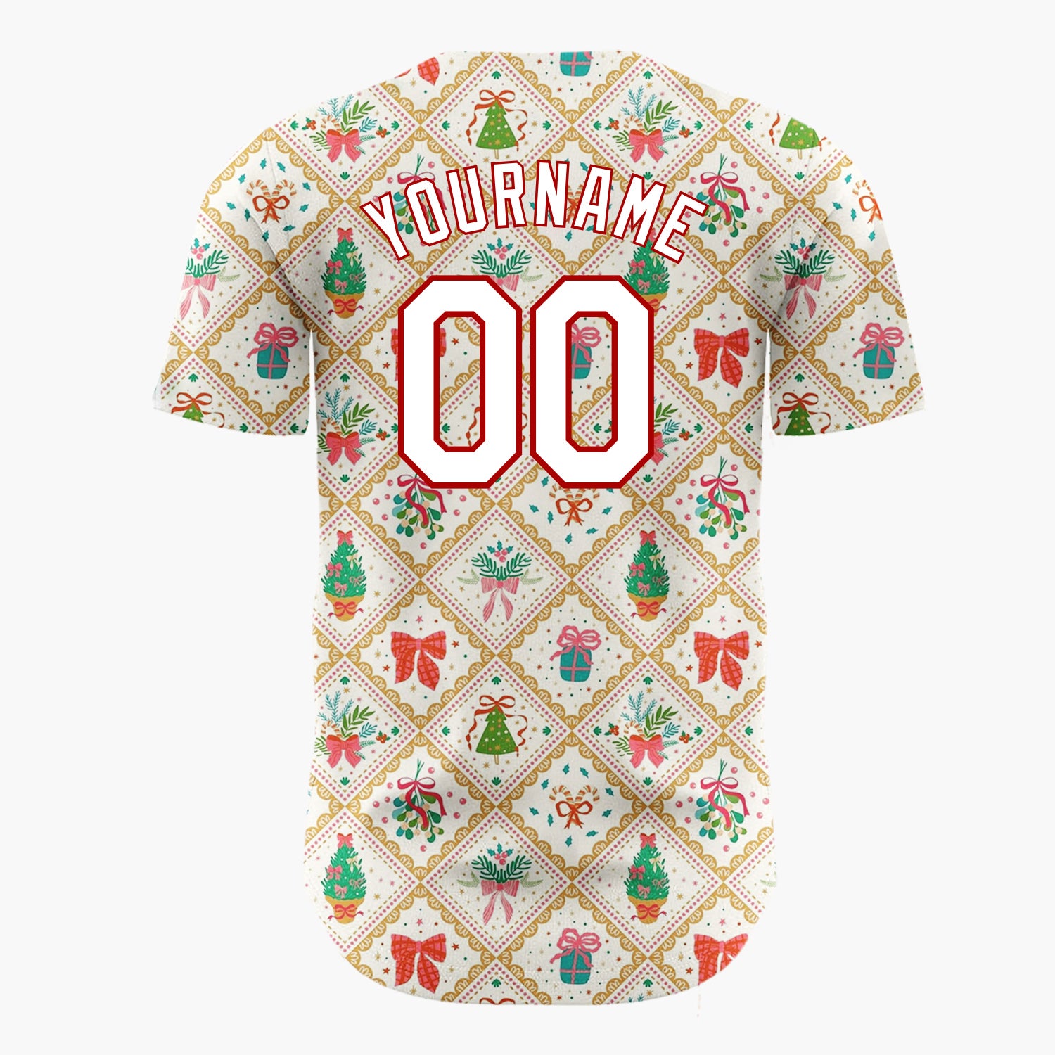 Custom Cream Diamond Lattice Holiday Bouquets Trees Vintage Christmas Baseball Jersey