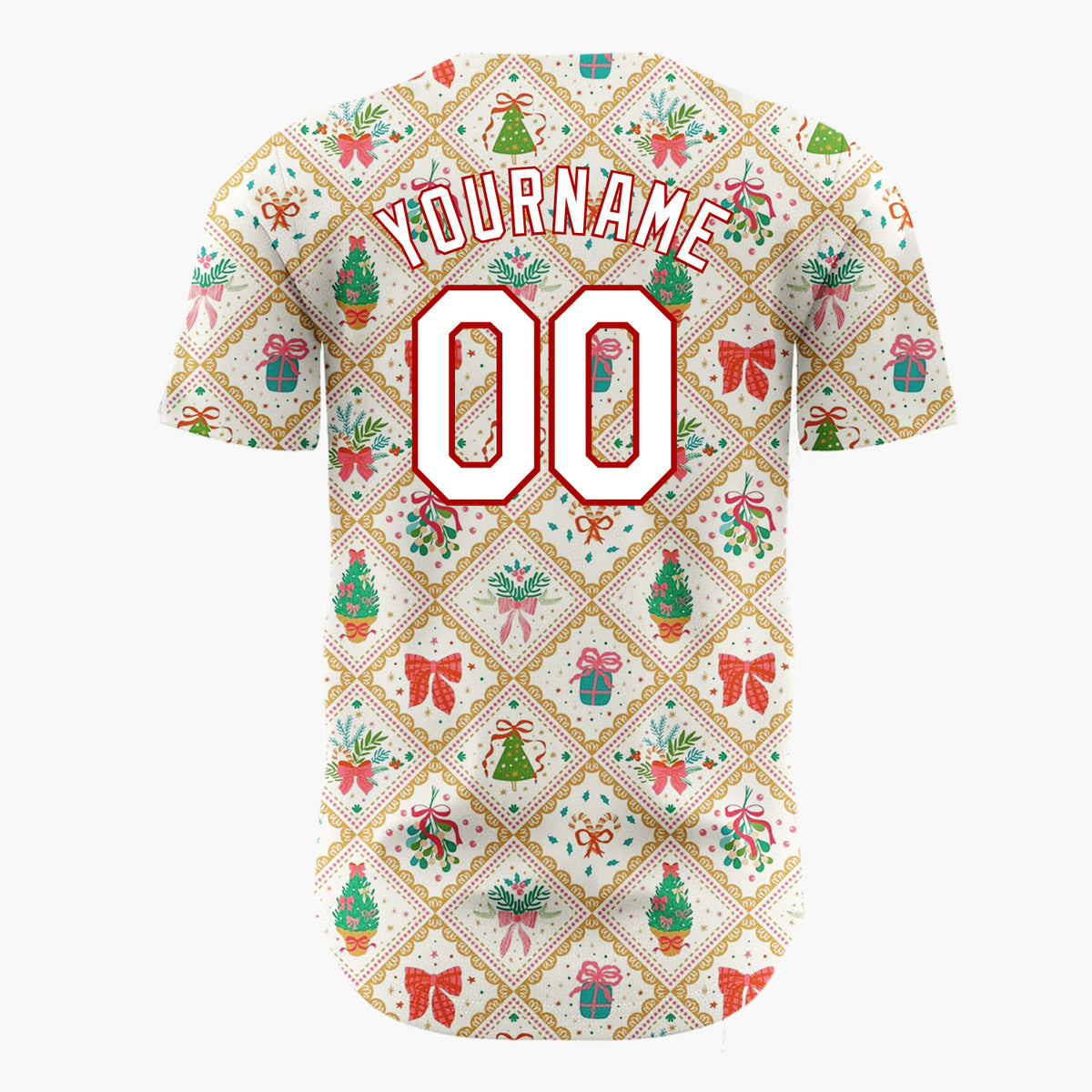 Custom Cream Diamond Lattice Holiday Bouquets Trees Vintage Christmas Baseball Jersey