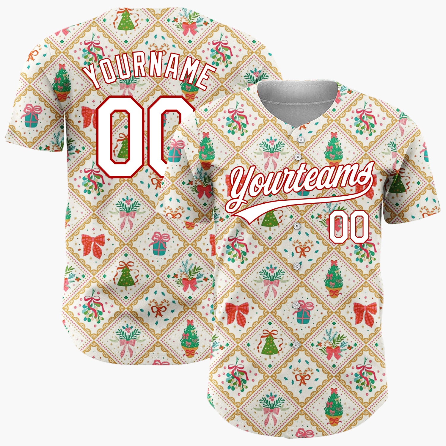 Custom Cream Diamond Lattice Holiday Bouquets Trees Vintage Christmas Baseball Jersey