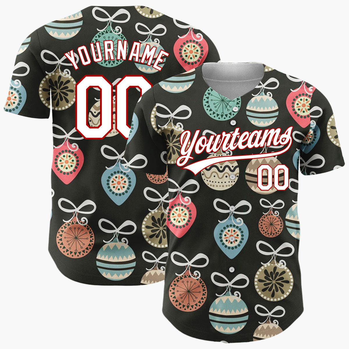Custom Black Ornaments And Bows Retro Christmas Baseball Jersey