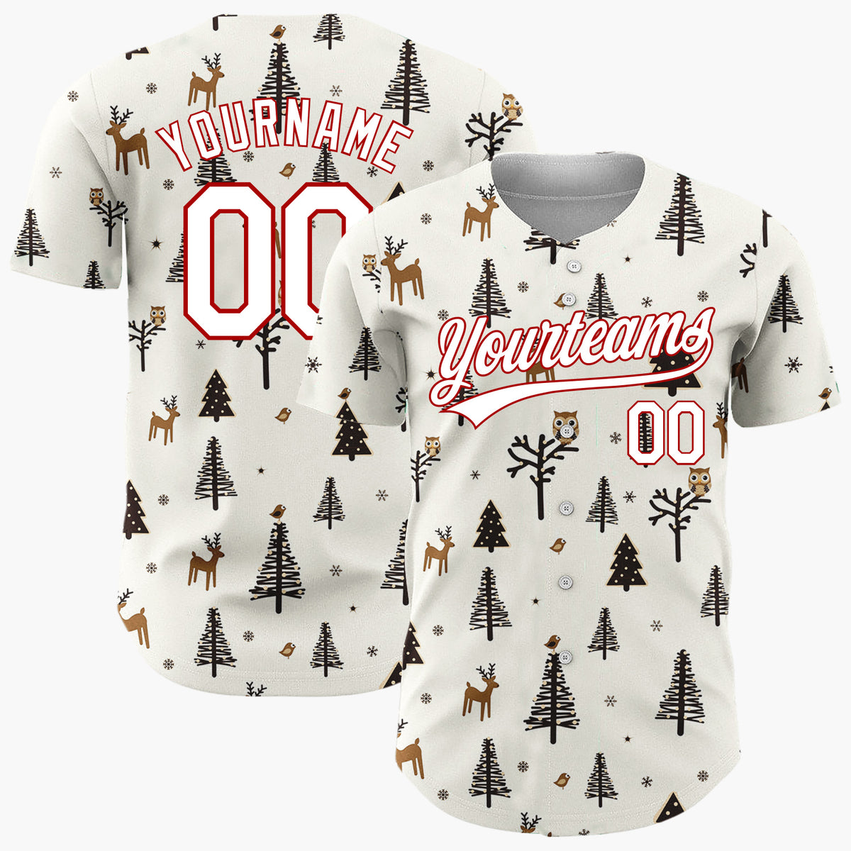 Custom Cream Woodland Creatures Trees Nordic Christmas Baseball Jersey