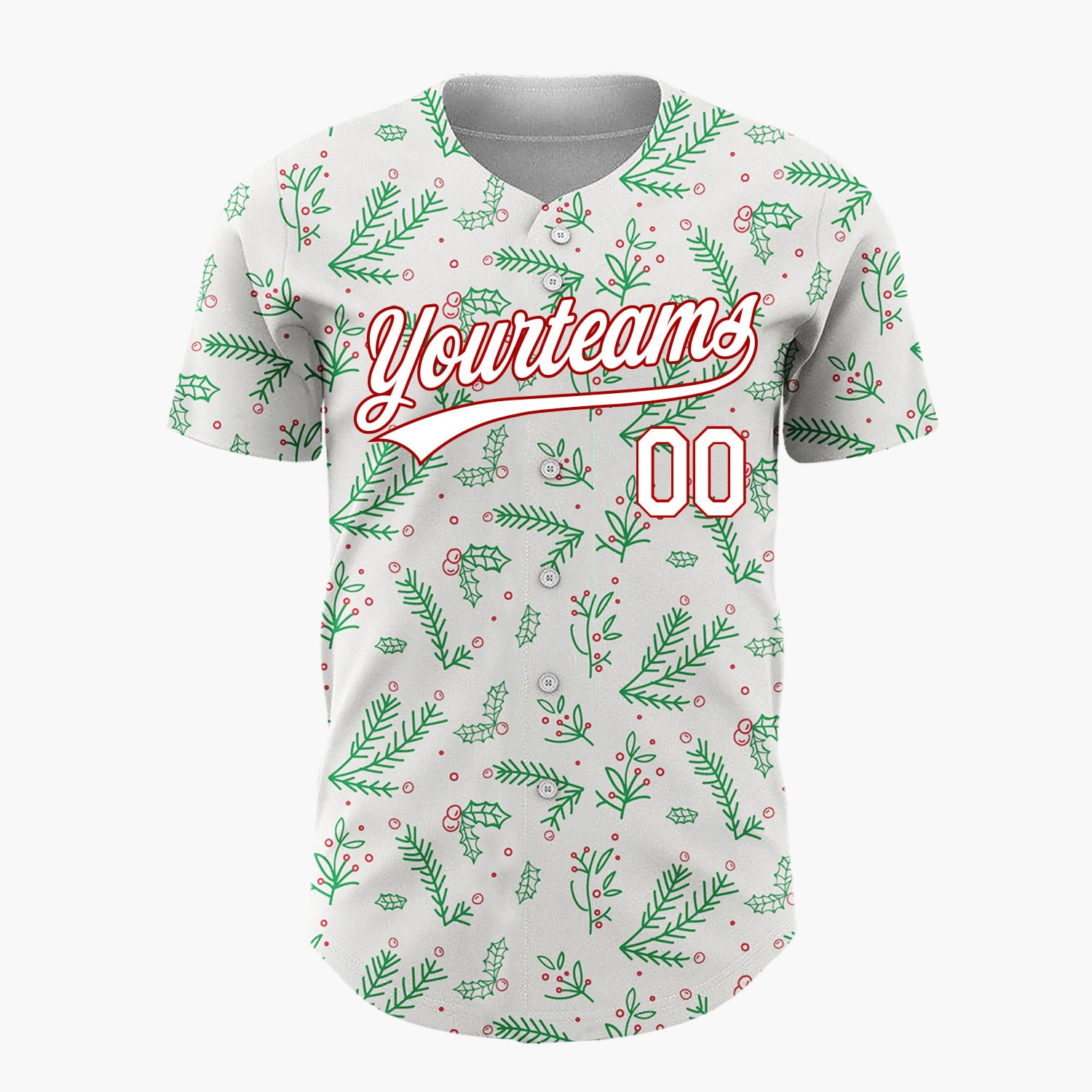 Custom Cream Green Red Simple Holly And Pine Christmas Botanical Pattern Christmas Baseball Jersey