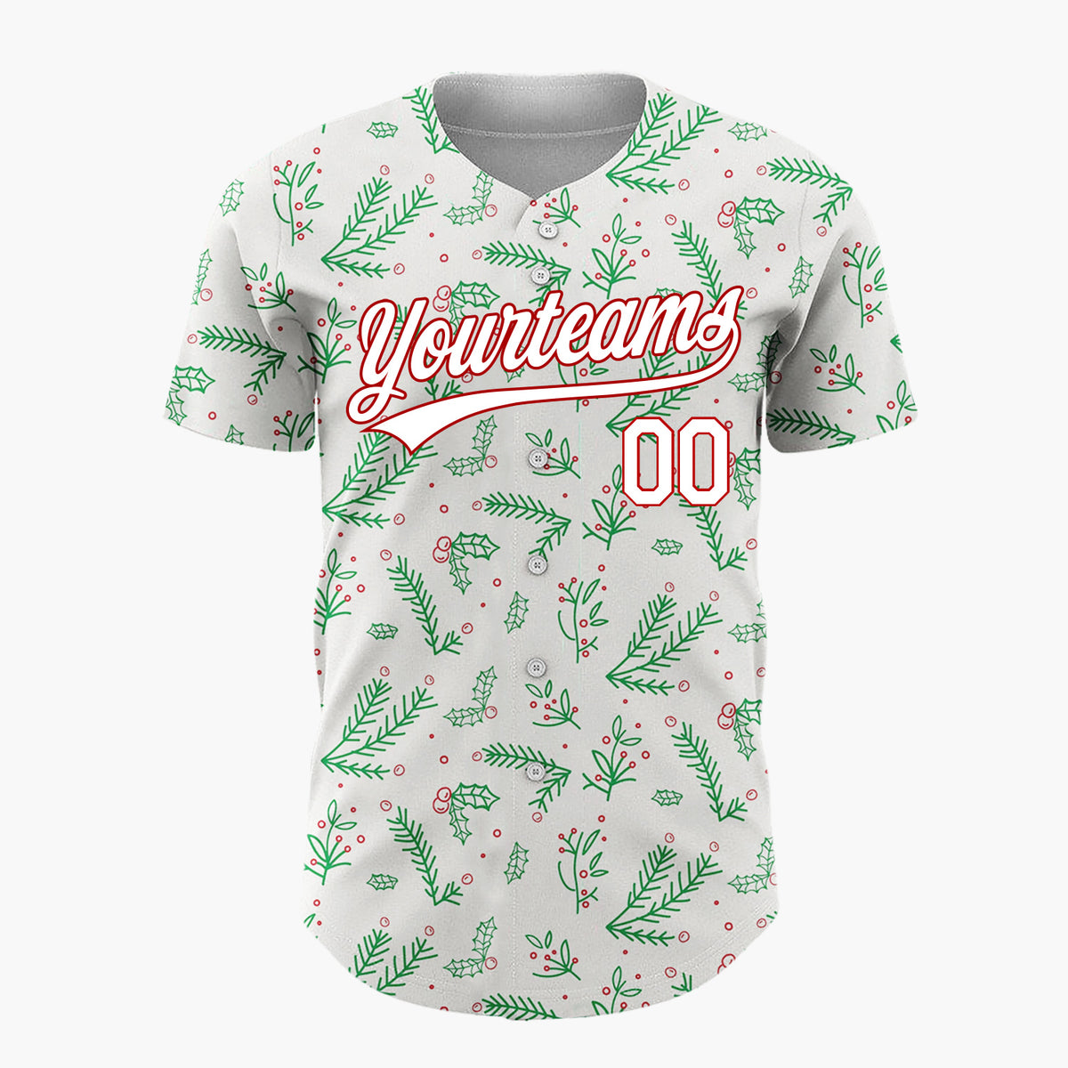 Custom Cream Green Red Simple Holly And Pine Christmas Botanical Pattern Christmas Baseball Jersey