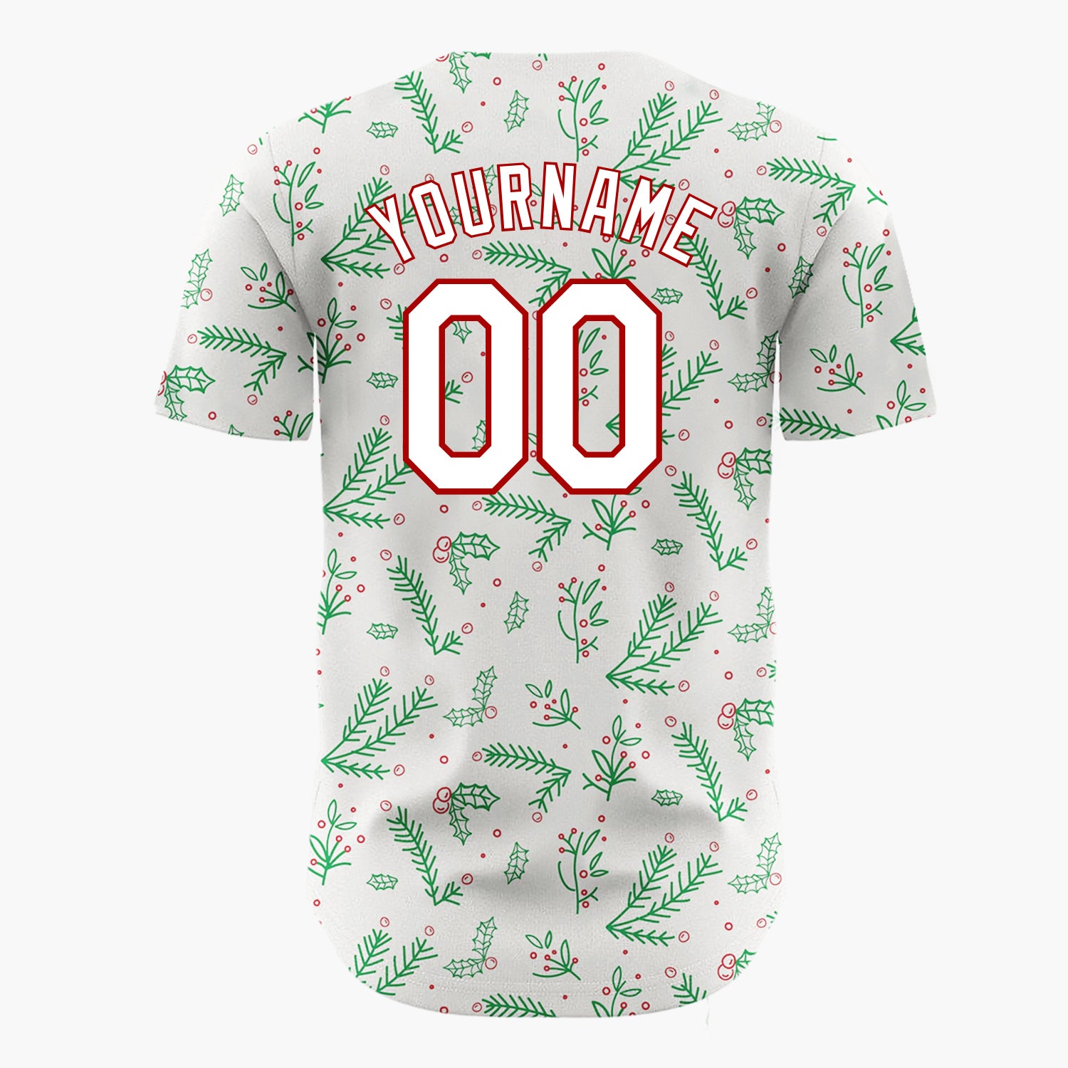 Custom Cream Green Red Simple Holly And Pine Christmas Botanical Pattern Christmas Baseball Jersey