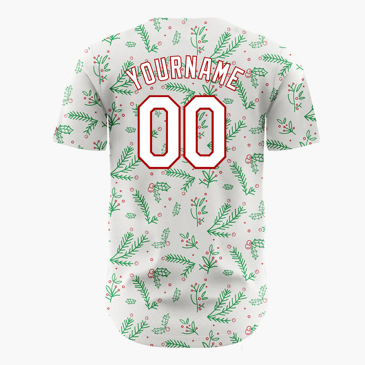 Custom Cream Green Red Simple Holly And Pine Christmas Botanical Pattern Christmas Baseball Jersey