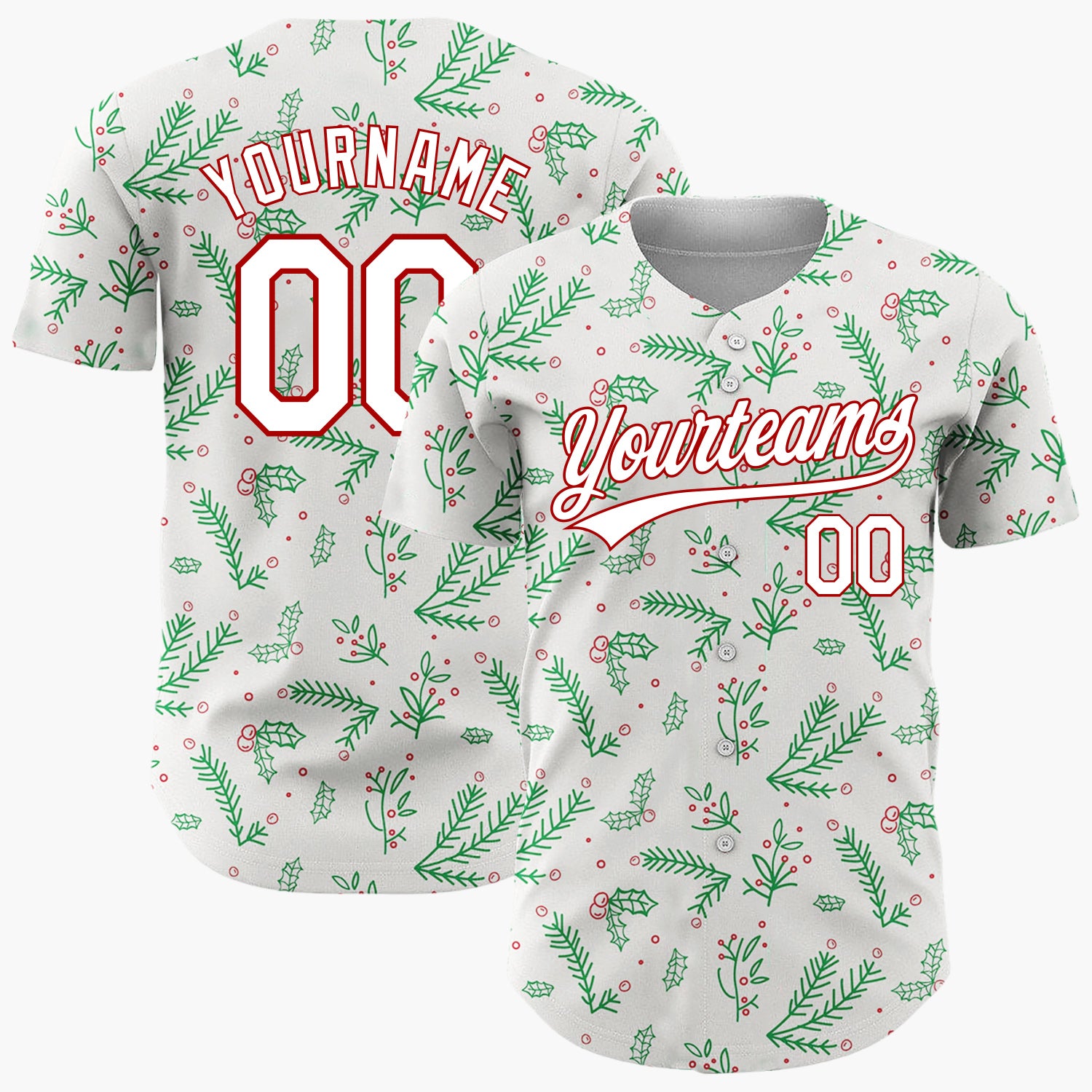 Custom Cream Green Red Simple Holly And Pine Christmas Botanical Pattern Christmas Baseball Jersey
