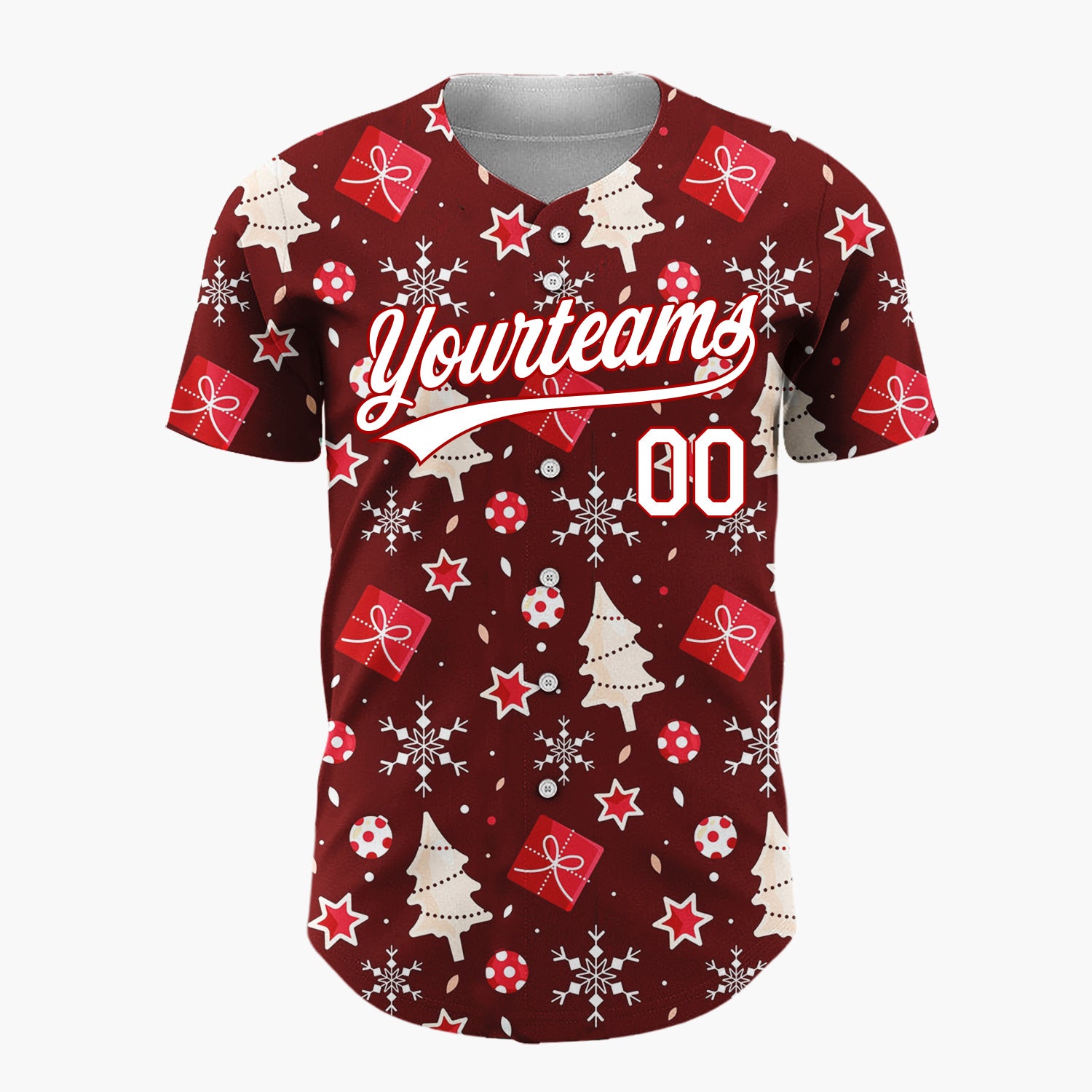 Custom Burgundy White Trees Gifts And Snowflakes Cute Christmas Baseball Jersey