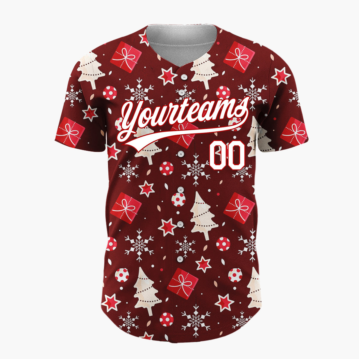 Custom Burgundy White Trees Gifts And Snowflakes Cute Christmas Baseball Jersey