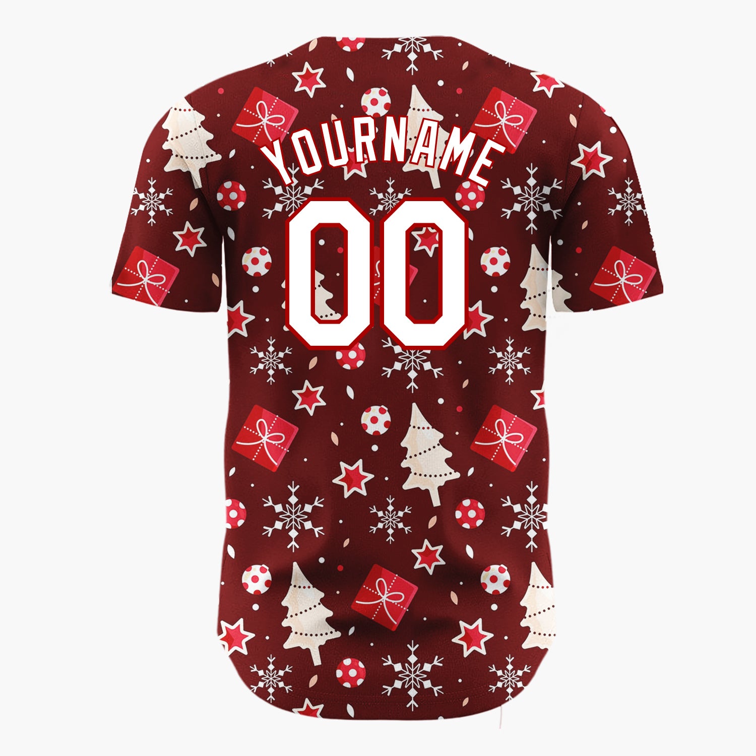 Custom Burgundy White Trees Gifts And Snowflakes Cute Christmas Baseball Jersey