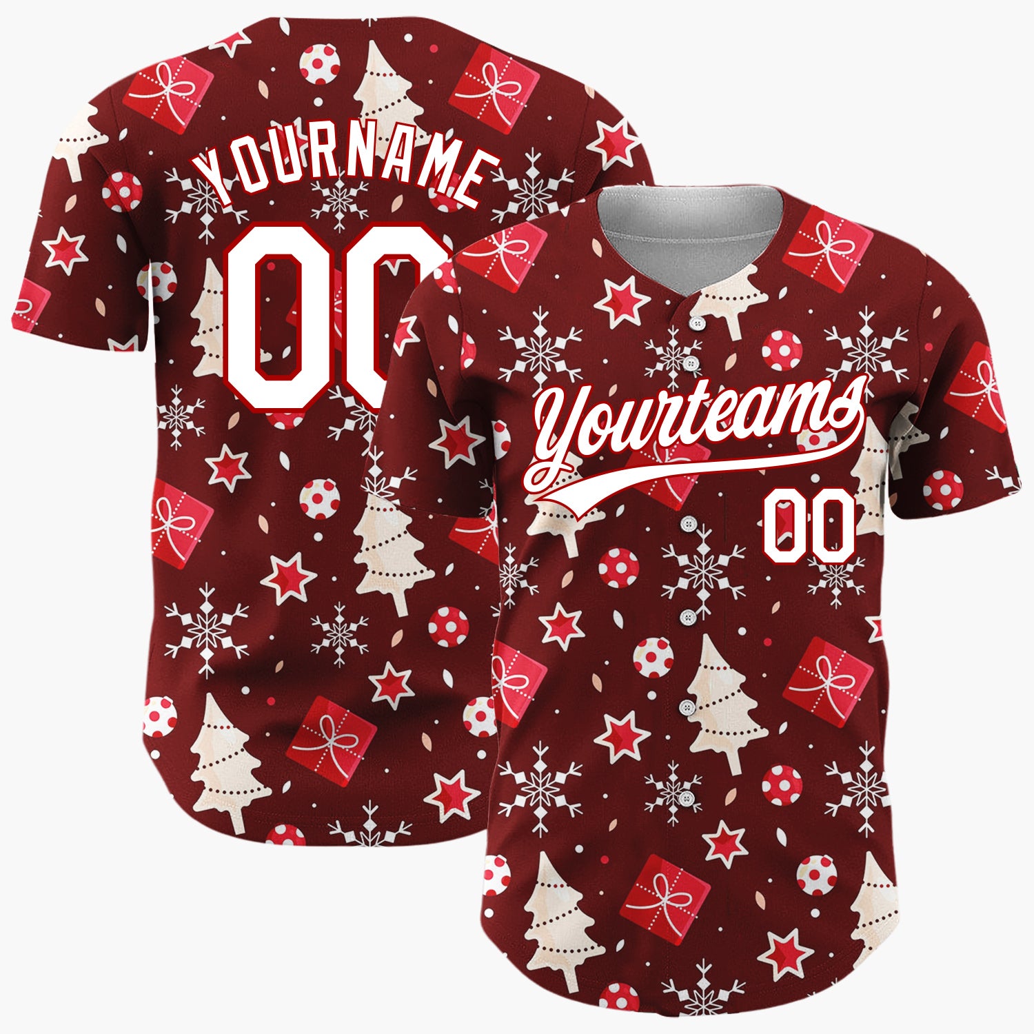 Custom Burgundy White Trees Gifts And Snowflakes Cute Christmas Baseball Jersey