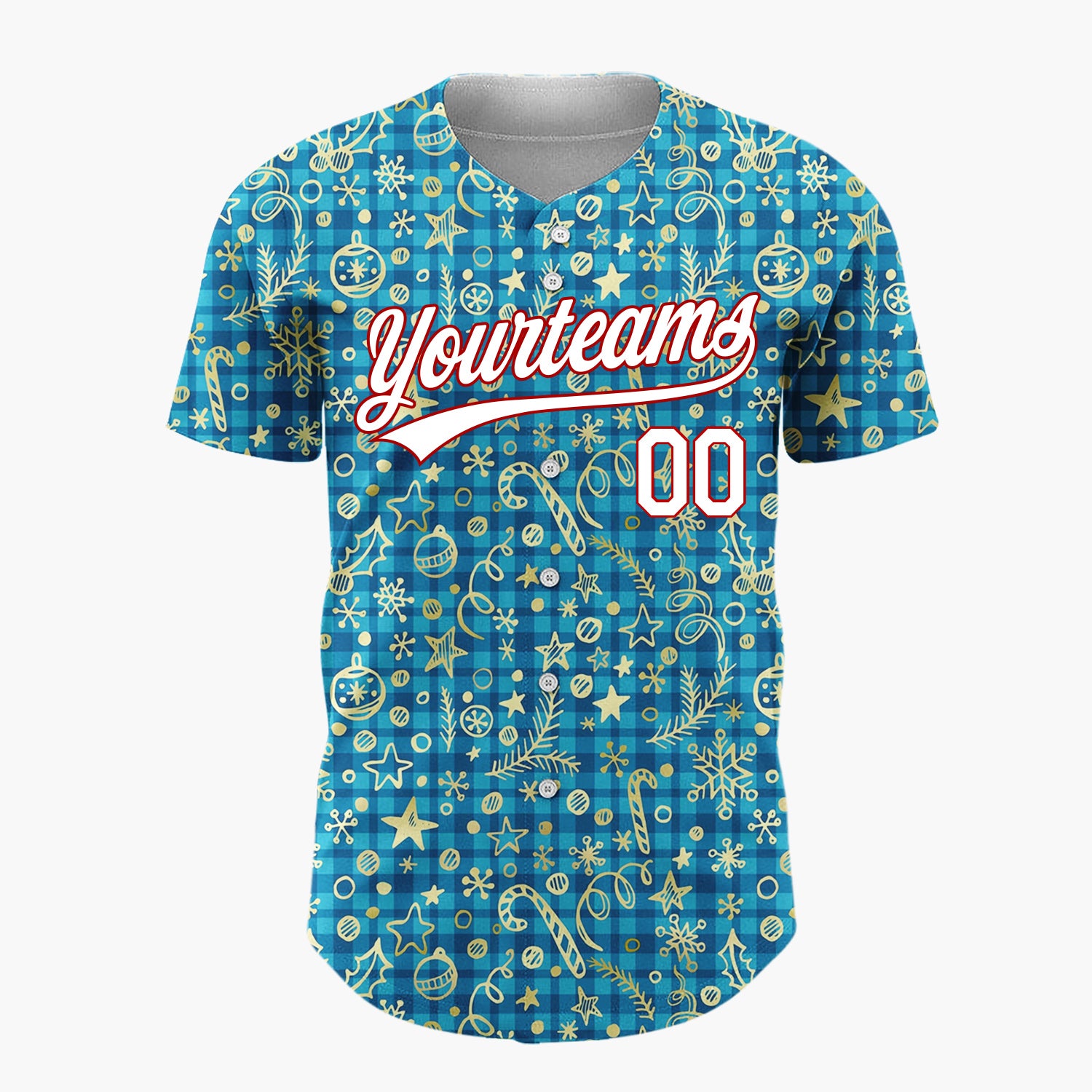 Custom Blue Gold Ornaments Snowflakes And Candy Canes Christmas Sketch Plaid Pattern Christmas Baseball Jersey