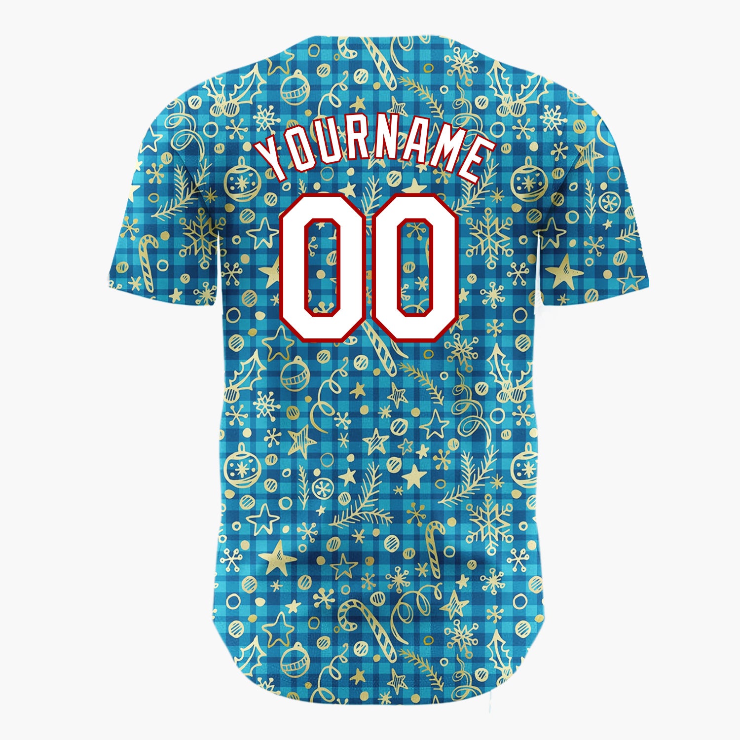 Custom Blue Gold Ornaments Snowflakes And Candy Canes Christmas Sketch Plaid Pattern Christmas Baseball Jersey