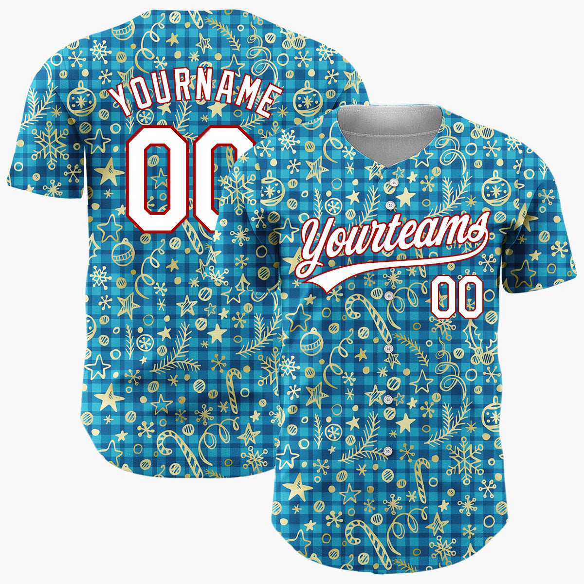 Custom Blue Gold Ornaments Snowflakes And Candy Canes Christmas Sketch Plaid Pattern Christmas Baseball Jersey