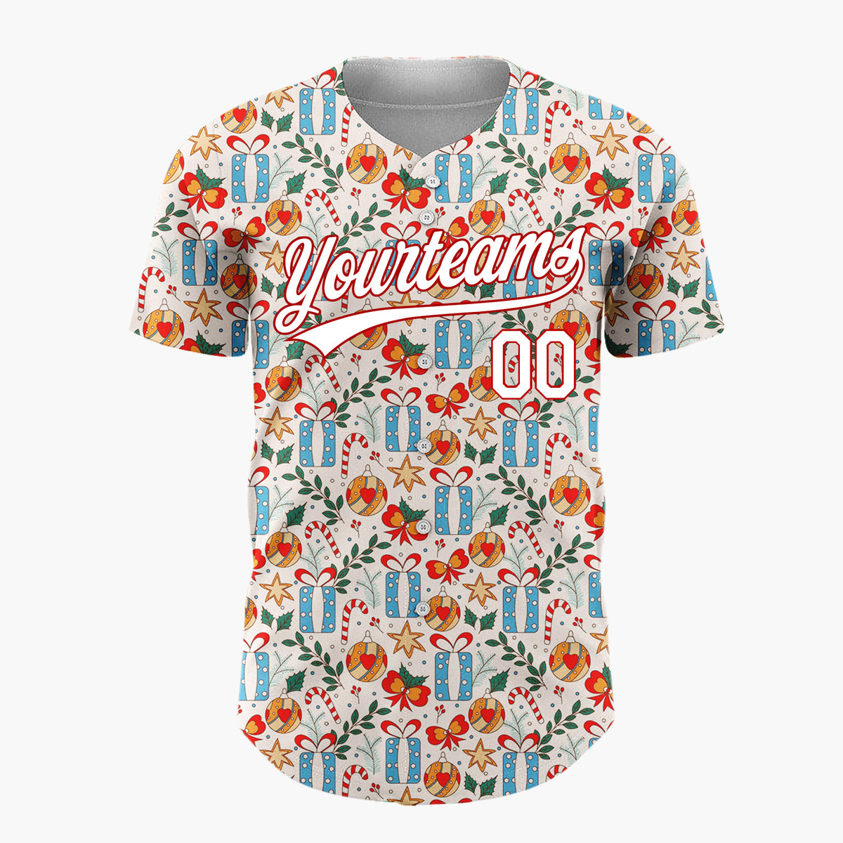 Custom Cream Blue Red Gifts Candy Canes And Baubles Detailed Hand Drawn Pattern Christmas Baseball Jersey