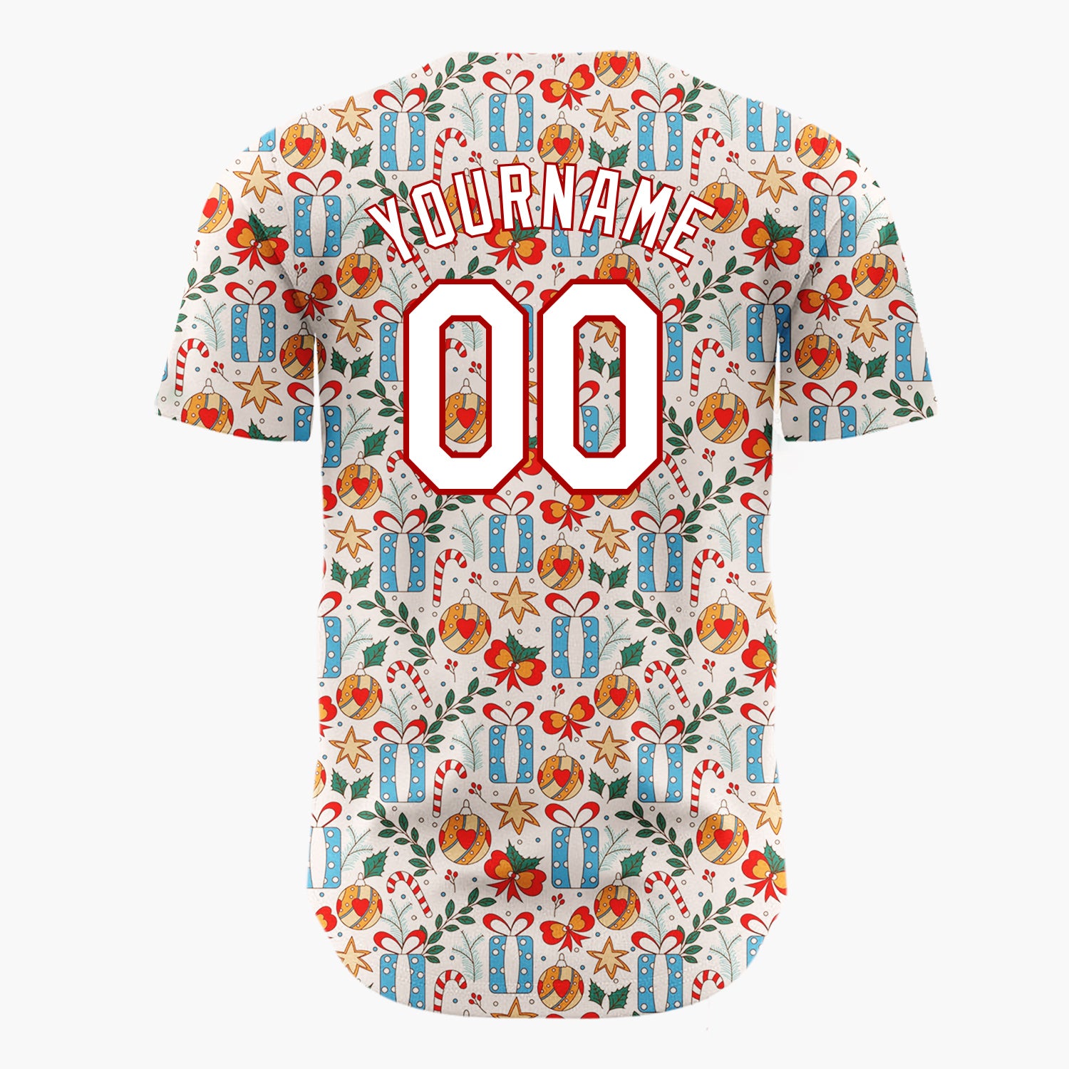 Custom Cream Blue Red Gifts Candy Canes And Baubles Detailed Hand Drawn Pattern Christmas Baseball Jersey