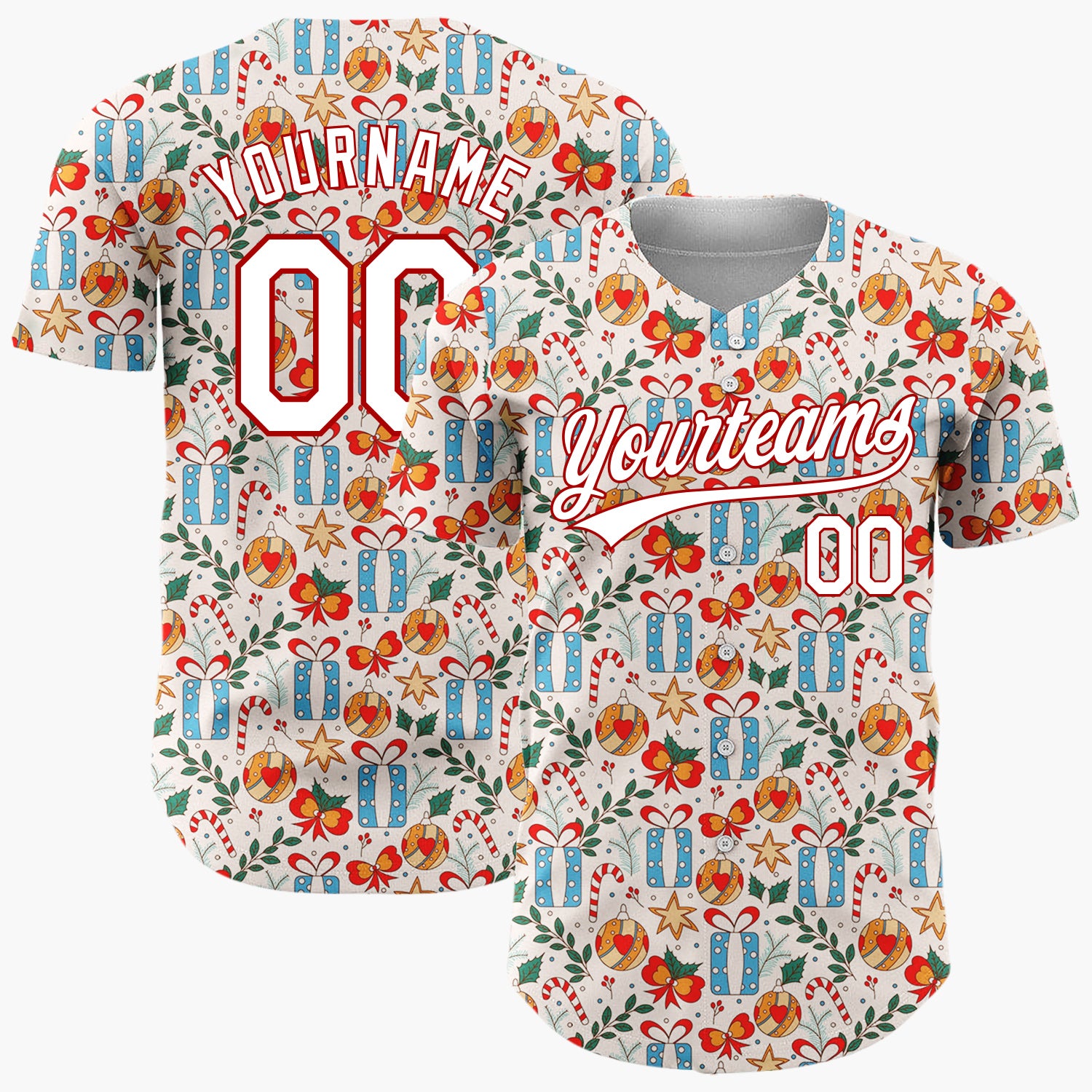 Custom Cream Blue Red Gifts Candy Canes And Baubles Detailed Hand Drawn Pattern Christmas Baseball Jersey